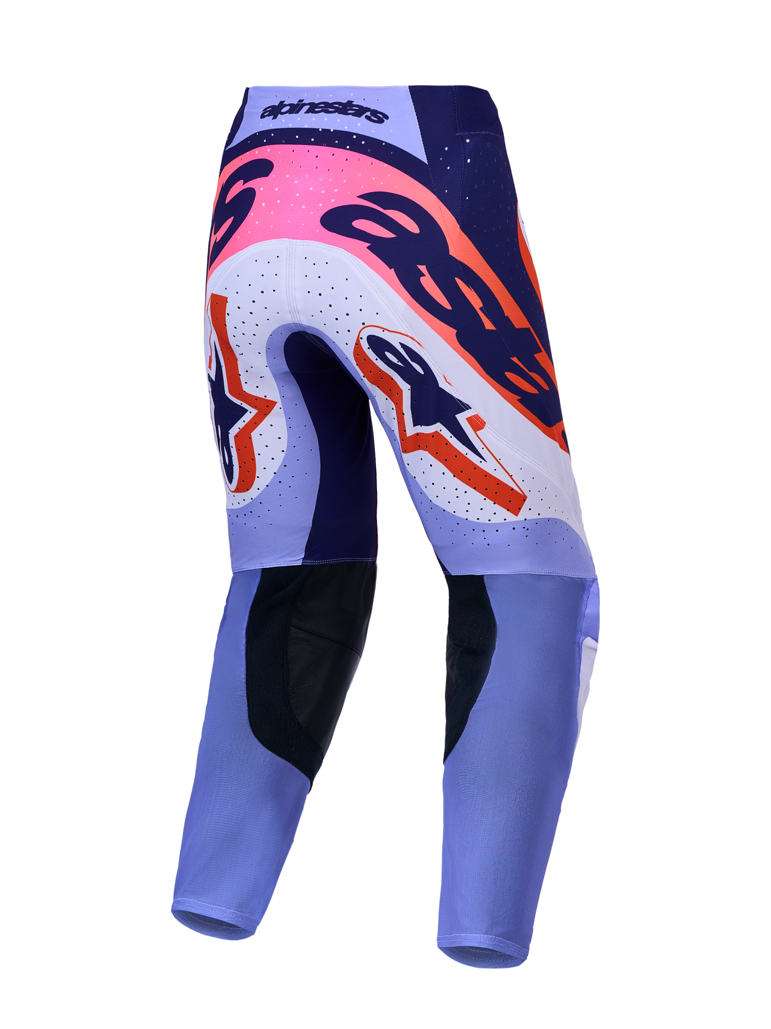 Alpinestars Supertech Dyna motocrossbyxor bakifrån, ljuslila och mörklila med neonrosa detaljer och perforerade paneler.