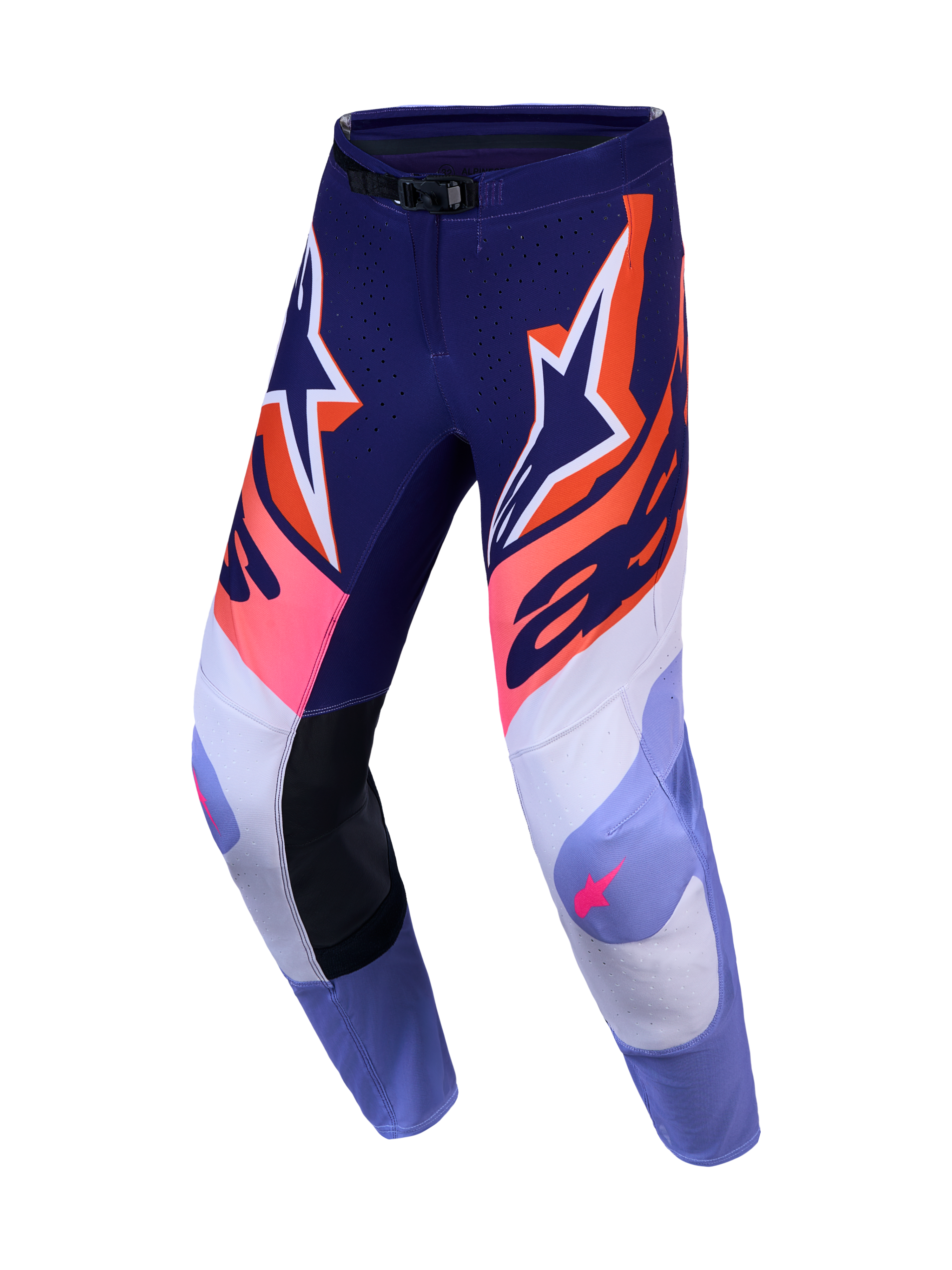Alpinestars 2027 Supertech Dyna motocrossbyxor i lila och rosa fluo, tillverkade i högpresterande stretch-ripstop.