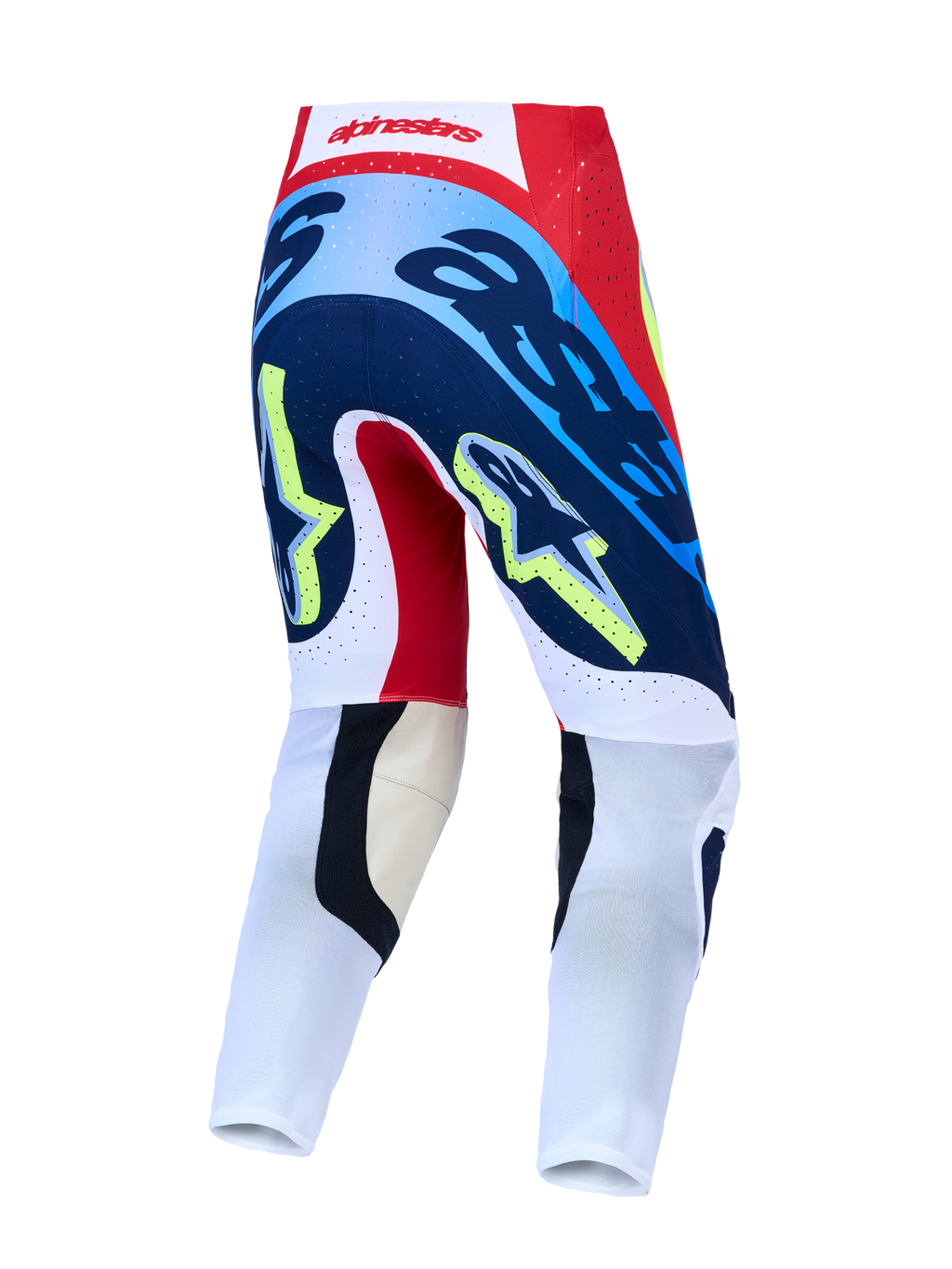 Alpinestars Supertech Dyna byxor, röda och marinblå motocrossbyxor, vy bakifrån med atletisk racingpassform.