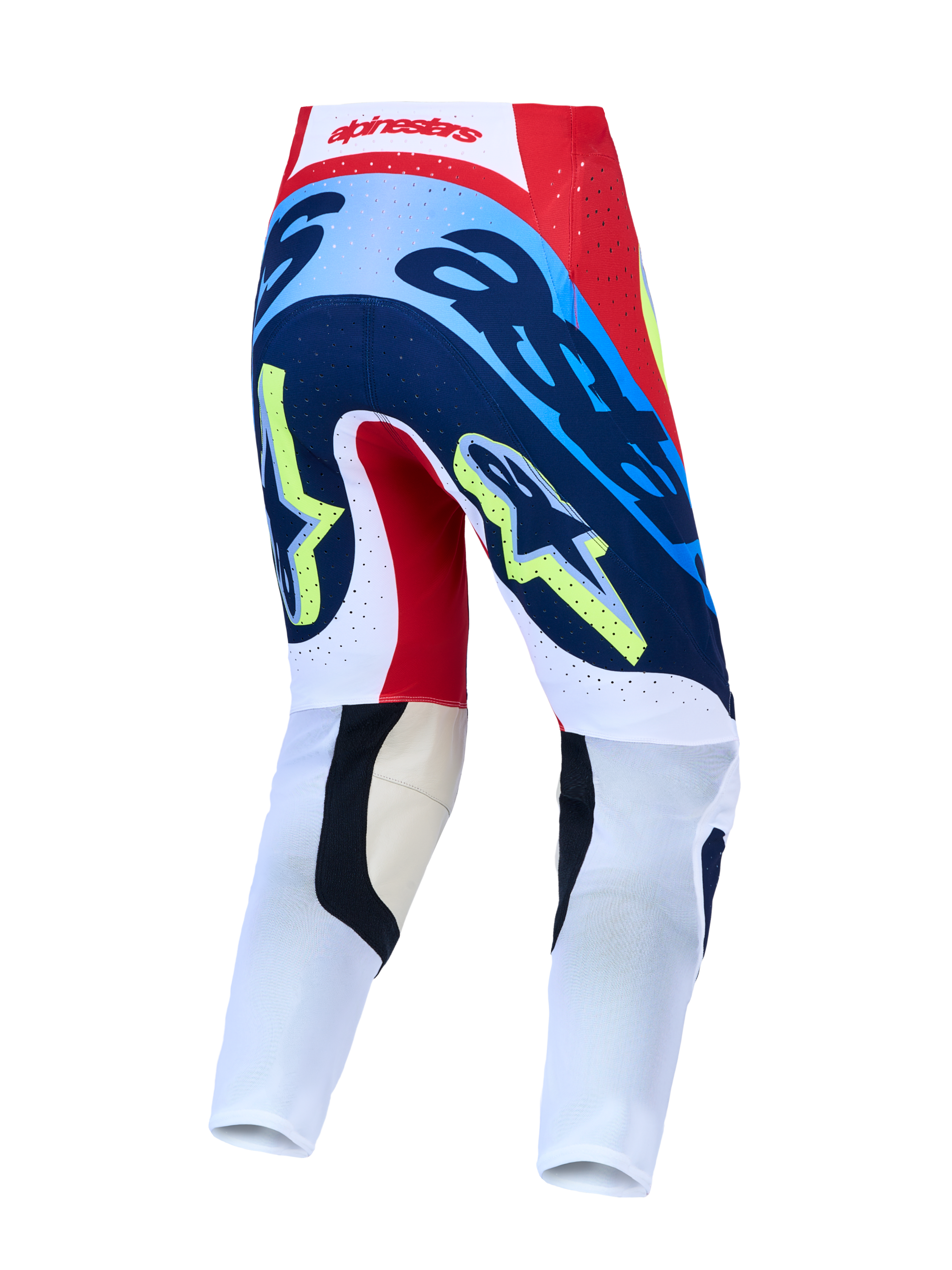 Alpinestars Supertech Dyna byxor, röda och marinblå motocrossbyxor, vy bakifrån med atletisk racingpassform.