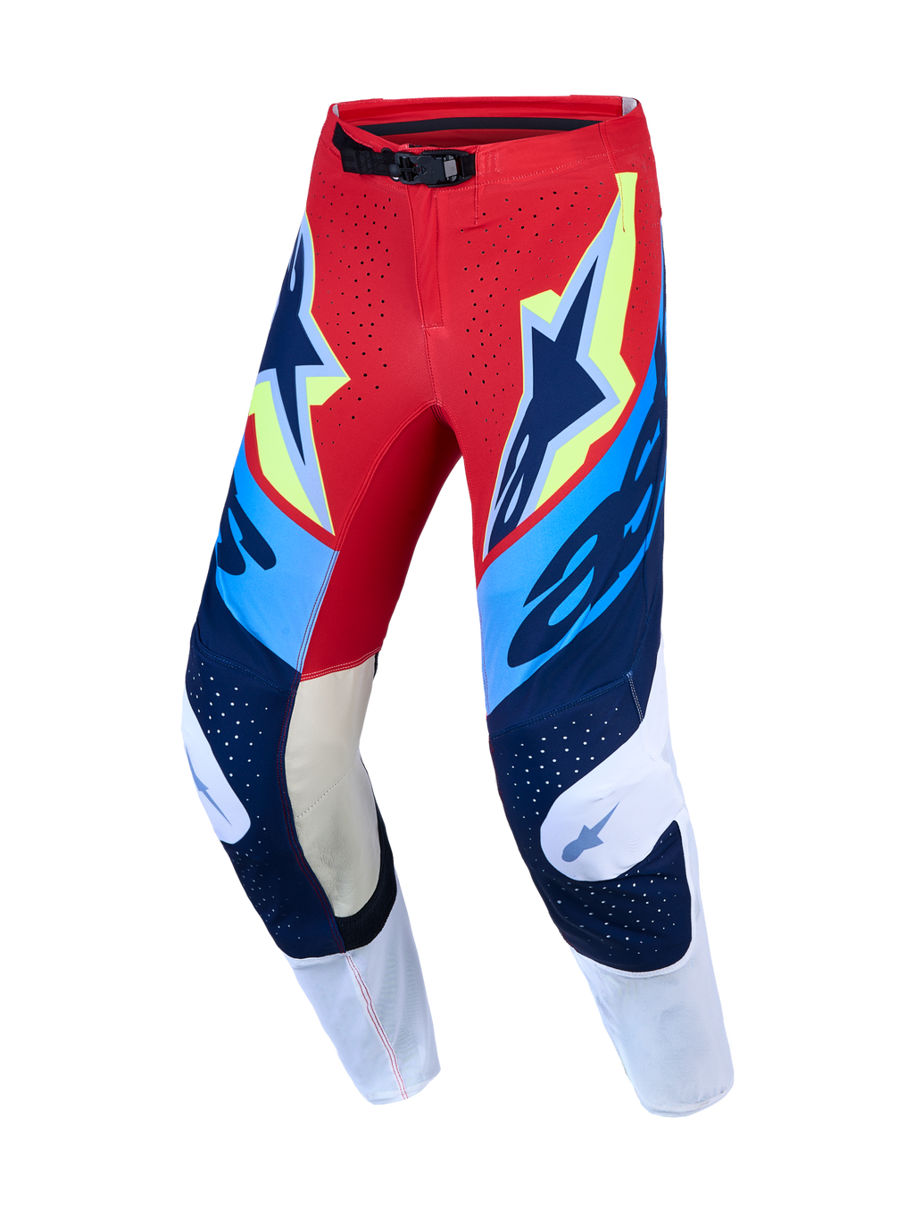 Alpinestars Supertech Dyna motocrossbyxor för herr, röda och marinblå med knäpaneler i getläder.