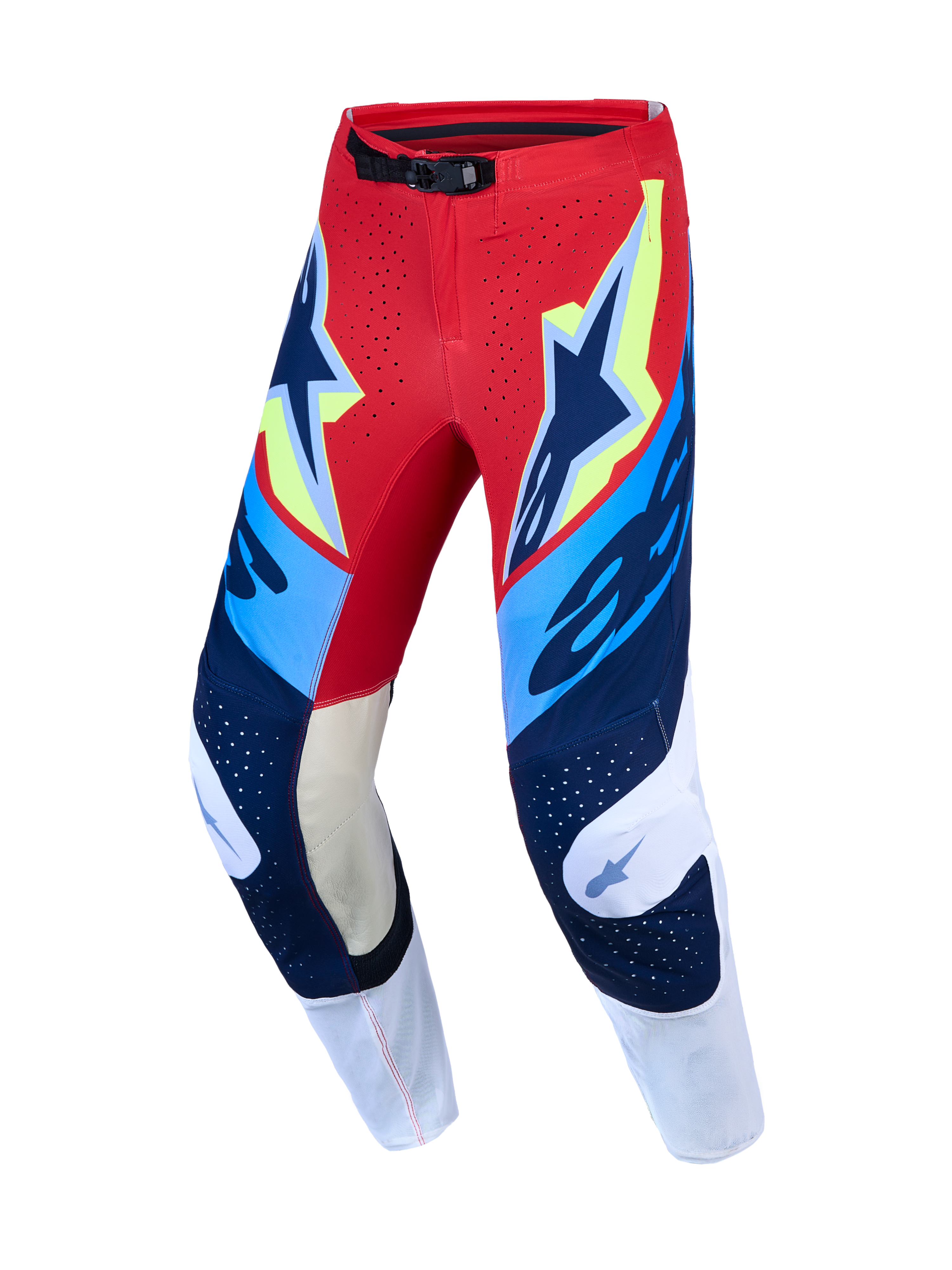 Alpinestars Supertech Dyna motocrossbyxor för herr, röda och marinblå med knäpaneler i getläder.
