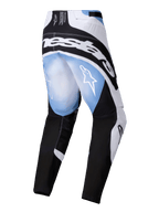 Alpinestars 2025 Techstar Melt Pants, Motocross Pants, Black White and Blue with gradient melt effect, rear view showing large white logo across the hips and star logos on the thighs, sporty design for off-road racing.
