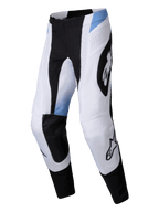 Alpinestars 2025 Techstar Melt Pants, Motocross Pants, White and Black with Light Blue accents, featuring large black Alpinestars logos, laser-cut ventilation holes, and a durable athletic fit for off-road racing.
