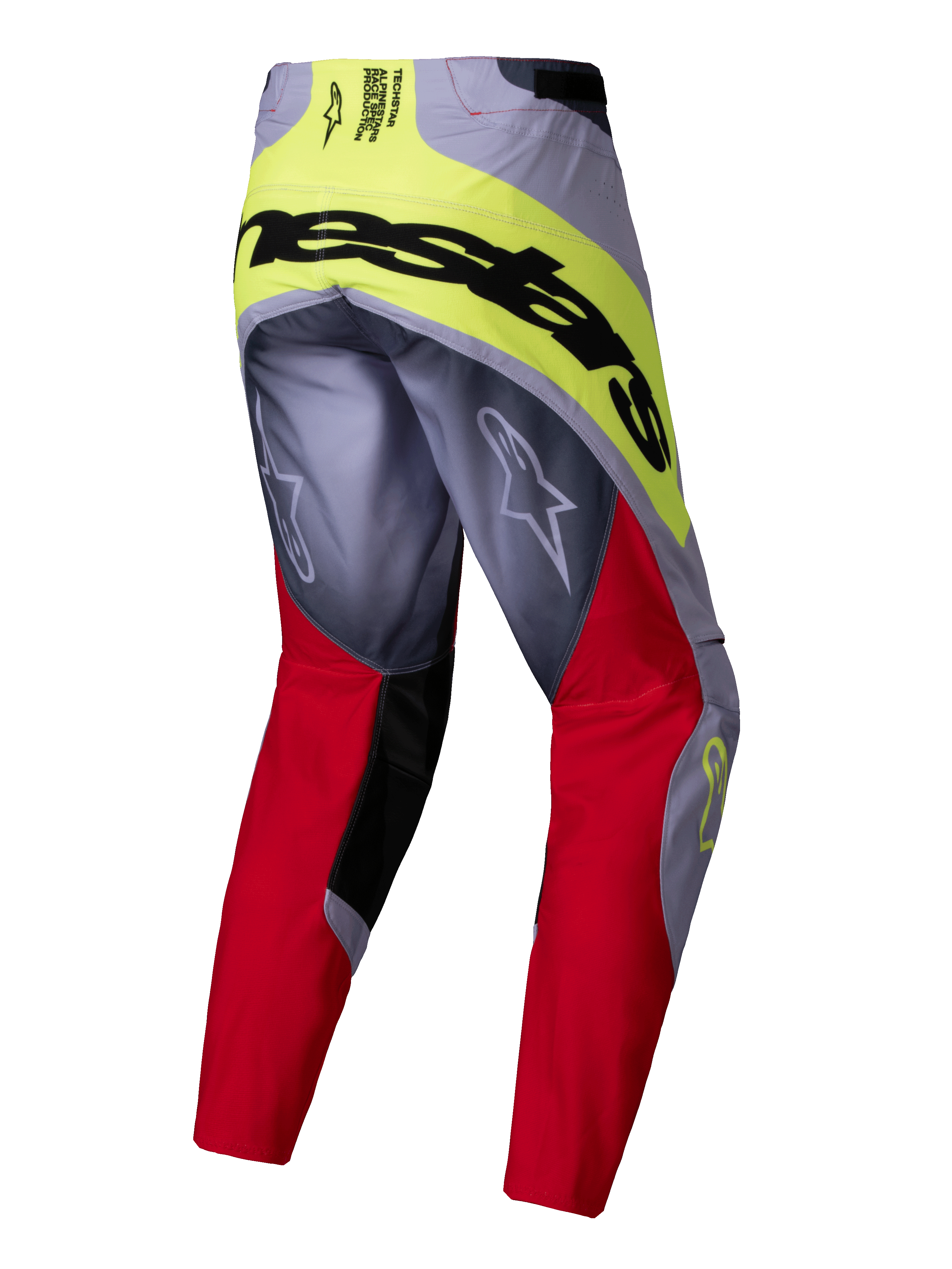 Alpinestars 2025 Techstar Melt byxor, motocrossbyxor, klarröda och grå med neongula detaljer, vy bakifrån som visar stor svart Alpinestars-logotyp på sätet, Astars-logotyper på benen, hållbar flermaterialkonstruktion för terrängkörning