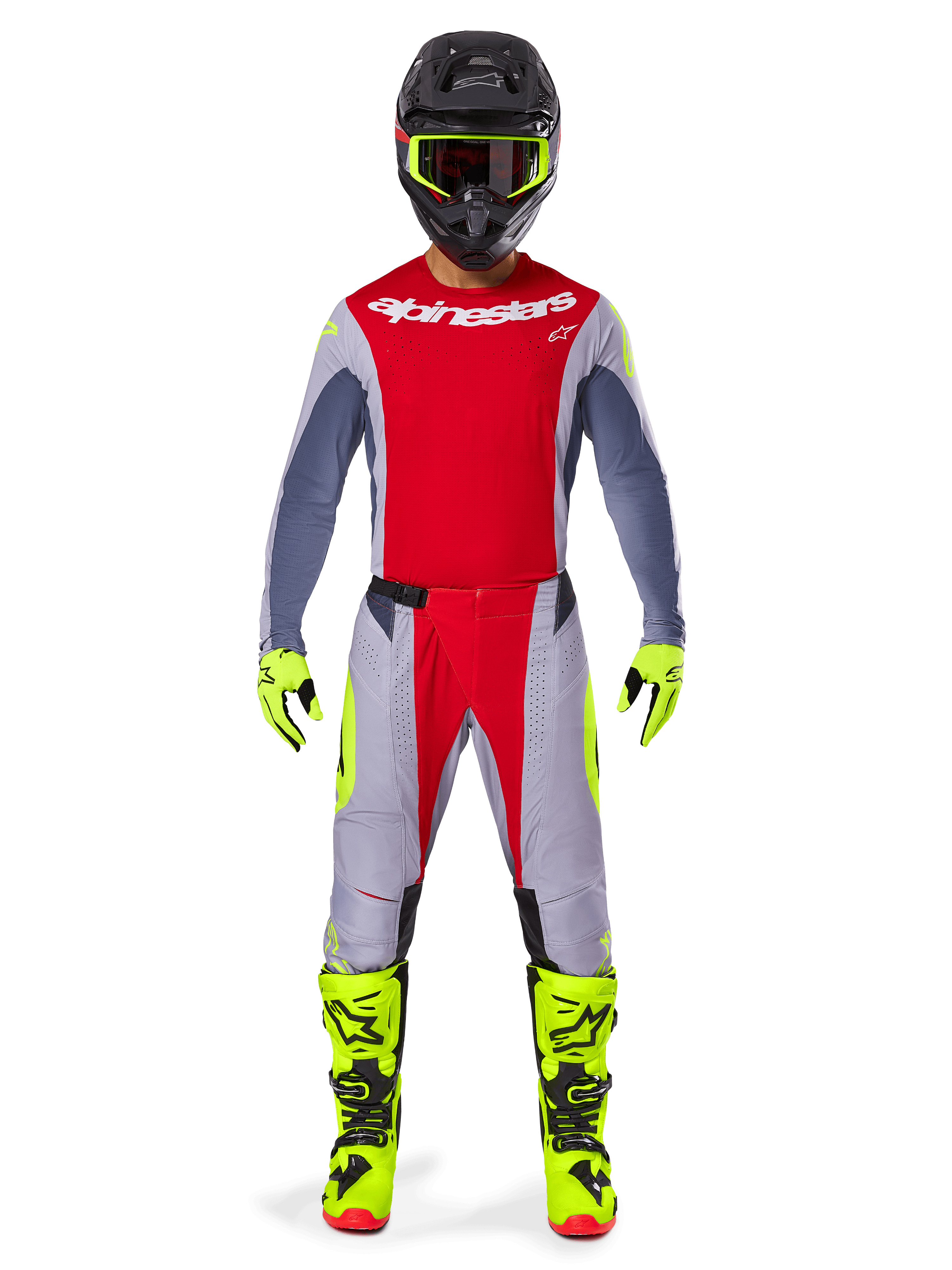 Motocross rider wearing the Alpinestars 2025 Techstar Melt Gear Set in Bright Red Gray, featuring a red jersey with gray sleeves, gray pants with red and fluorescent yellow accents, coordinated neon yellow boots and gloves, and a black helmet with neon yellow goggles.