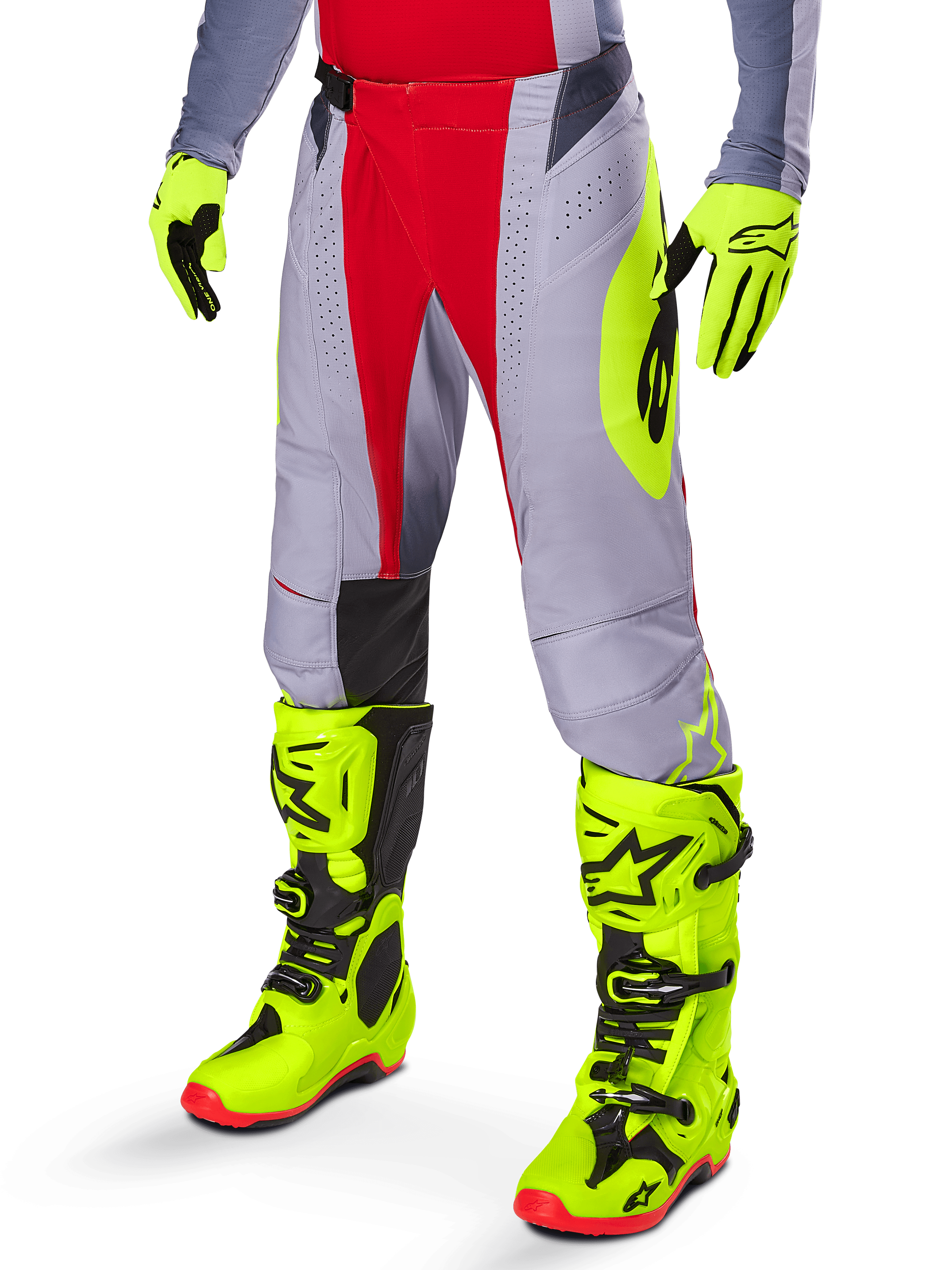 Alpinestars 2025 Techstar Melt Pants, Motocross Pants, Bright Red and Gray, featuring a prominent neon yellow logo, worn with matching neon yellow gloves and boots, athletic fit for motocross racing