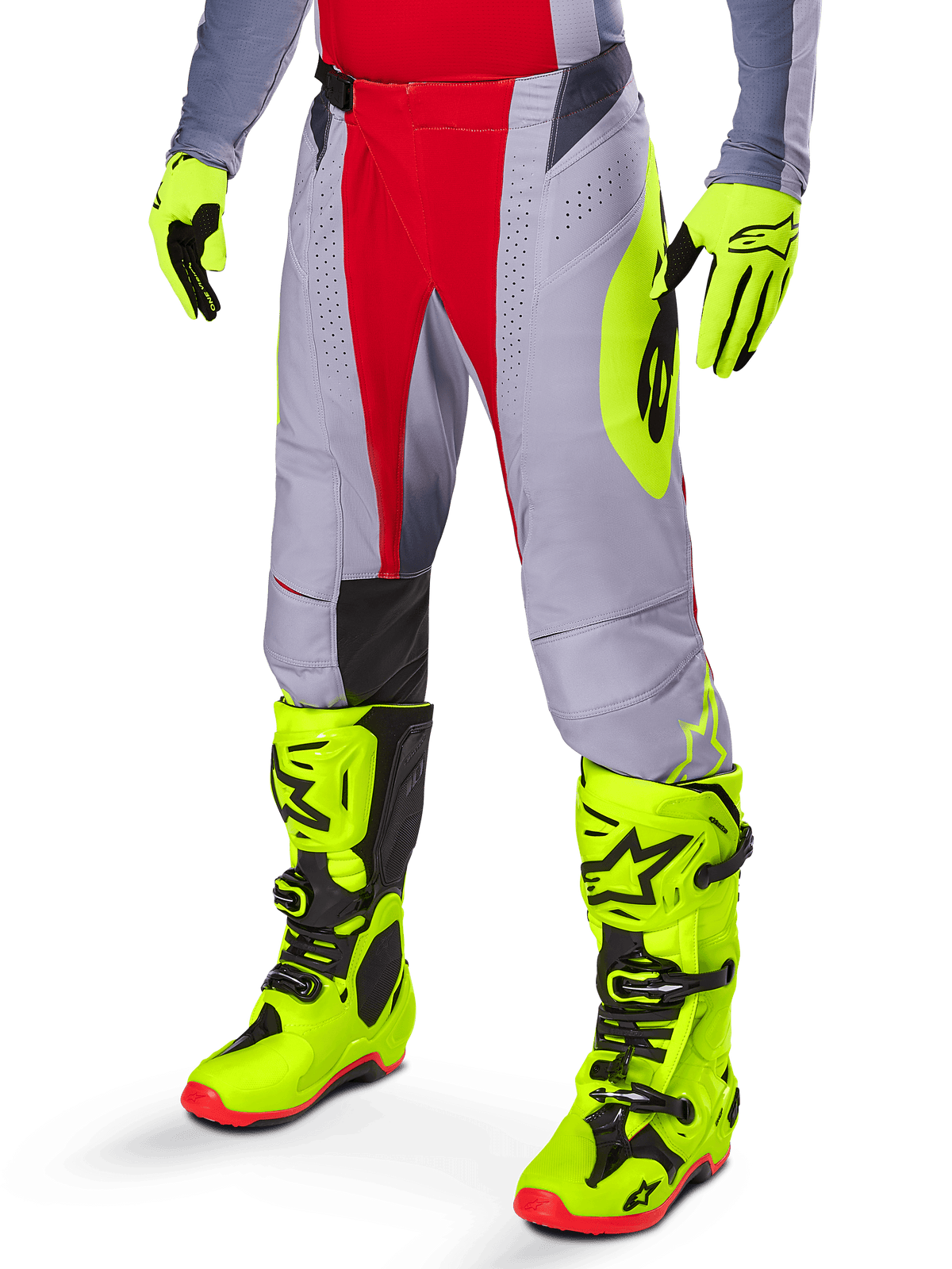 Alpinestars 2025 Techstar Melt byxor, motocrossbyxor, klarröda och grå, med neongul grafik på sidorna och svarta knäpaneler, kombinerat med matchande neongula stövlar och handskar, designade för tävlingsprestanda vid terrängkörning