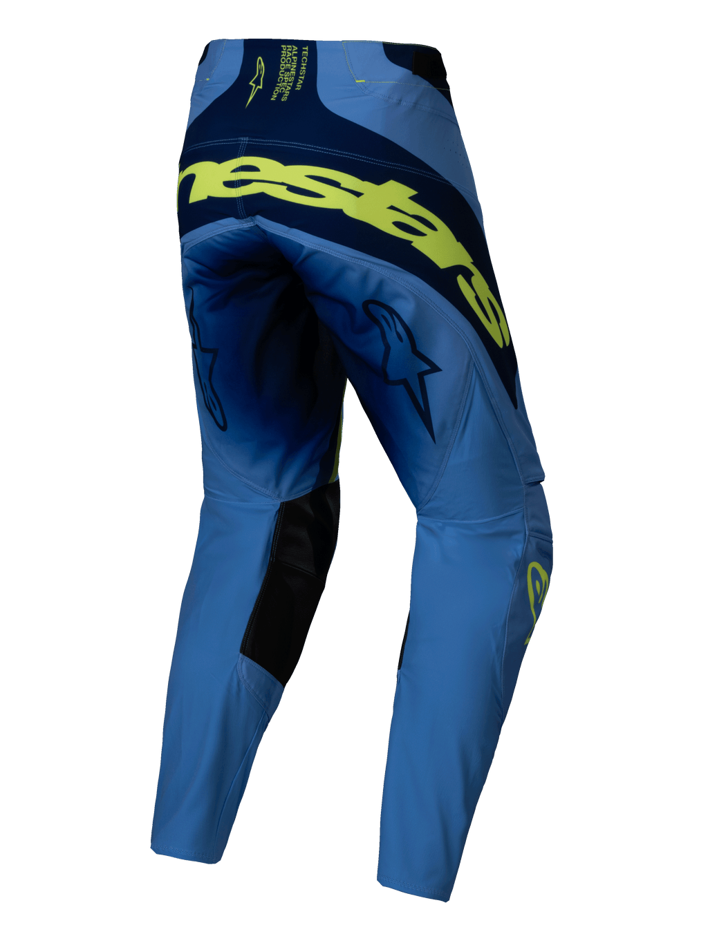 Alpinestars 2025 Techstar Melt byxor, motocrossbyxor, Yellow Fluo Blue, vy bakifrån med stor fluorescerande gul branding över baksidan, marinblå paneler, stjärnlogotyper på låren och svarta förstärkningar på insidan av knäna