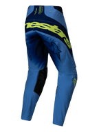 Alpinestars 2025 Techstar Melt byxor, motocrossbyxor, Yellow Fluo Blue, vy bakifrån med stor fluorescerande gul branding över baksidan, marinblå paneler, stjärnlogotyper på låren och svarta förstärkningar på insidan av knäna