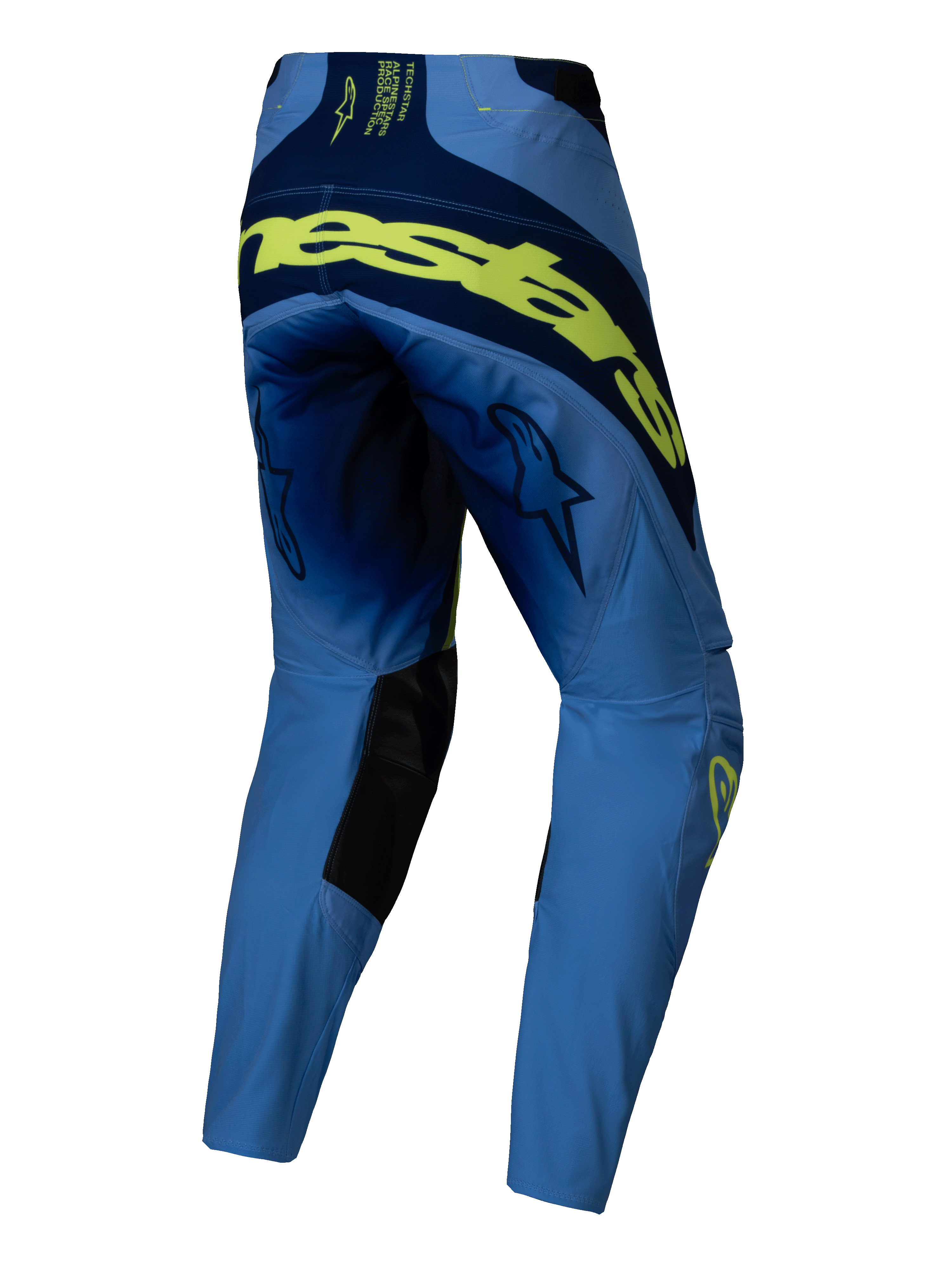 Alpinestars 2025 Techstar Melt byxor, motocrossbyxor, Yellow Fluo Blue, vy bakifrån med stor fluorescerande gul branding över baksidan, marinblå paneler, stjärnlogotyper på låren och svarta förstärkningar på insidan av knäna