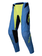 Alpinestars 2025 Techstar Melt byxor, motocrossbyxor, Yellow Fluo Blue, blå med neongult mittparti och logodetaljer, svarta innerpaneler vid knäna, laserperforeringar, atletisk racingpassform för terrängprestanda