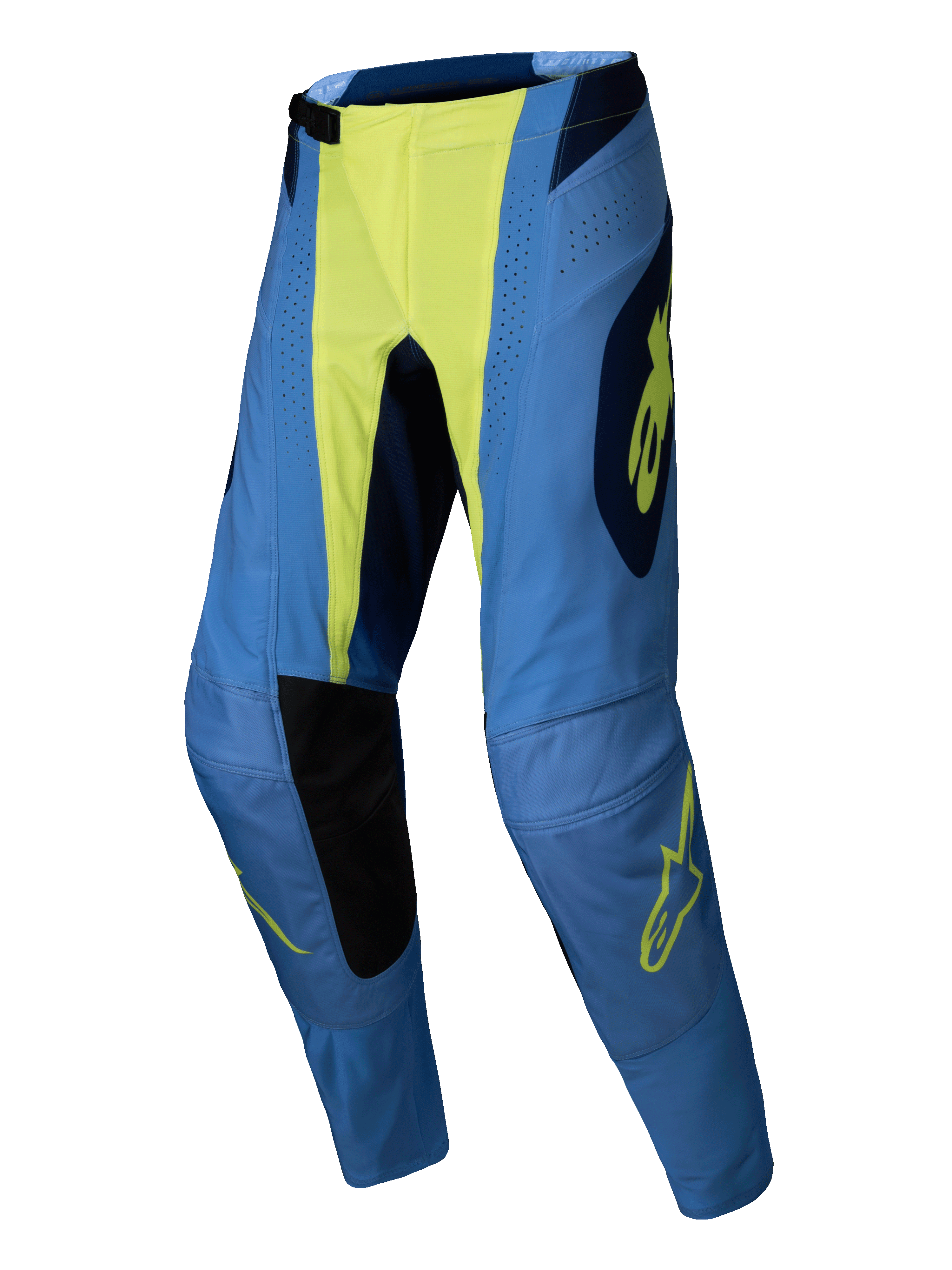 Alpinestars 2025 Techstar Melt byxor, motocrossbyxor, Yellow Fluo Blue, blå med neongult mittparti och logodetaljer, svarta innerpaneler vid knäna, laserperforeringar, atletisk racingpassform för terrängprestanda