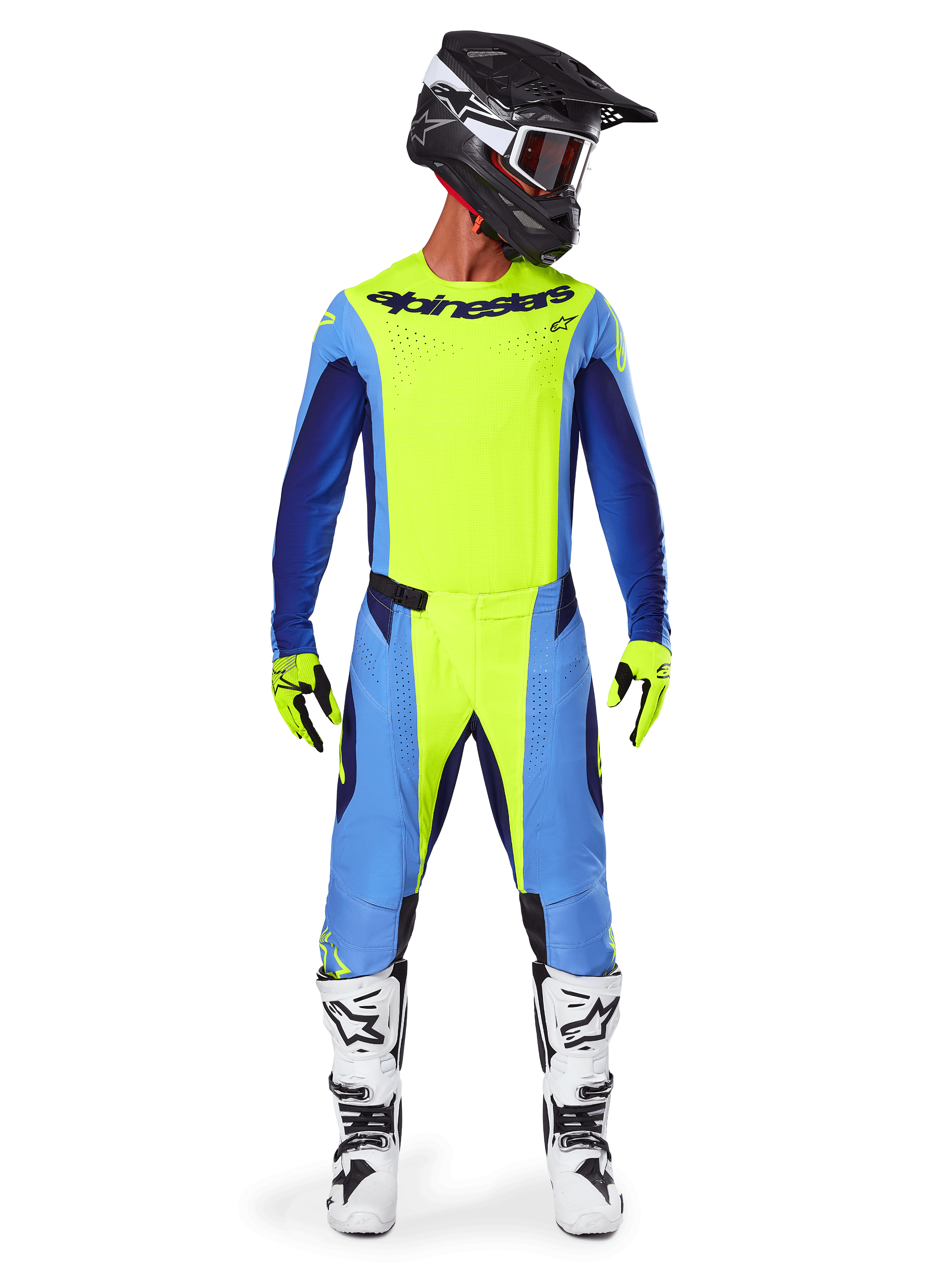 Alpinestars 2025 Techstar Melt-byxor, motocrossbyxor, gul fluo och blå, bärs med matchande tröja, gula handskar och vita och svarta stövlar, med en svart hjälm med röda goggles, komplett racingutrustning för terrängprestanda