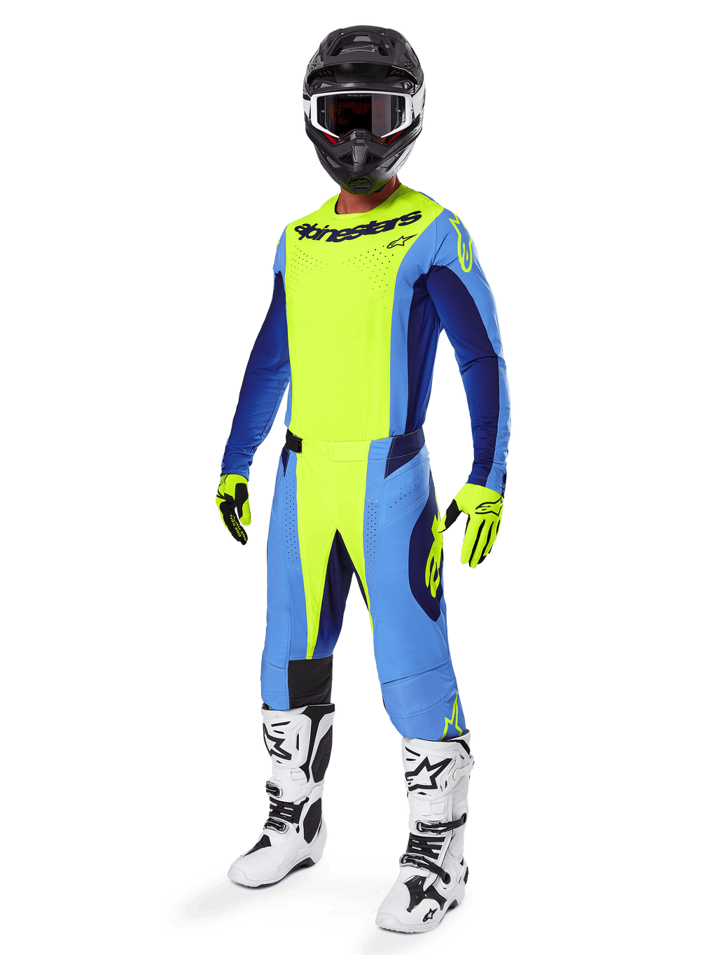 Alpinestars 2025 Techstar Melt-utrustningsset, komplett motocross-racingoutfit, neongul och blå, svart hjälm med goggles, gula och svarta handskar, vita och svarta stövlar, komplett MX-utrustningskit