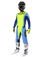 Alpinestars 2025 Techstar Melt-utrustningsset, komplett motocross-racingoutfit, neongul och blå, svart hjälm med goggles, gula och svarta handskar, vita och svarta stövlar, komplett MX-utrustningskit