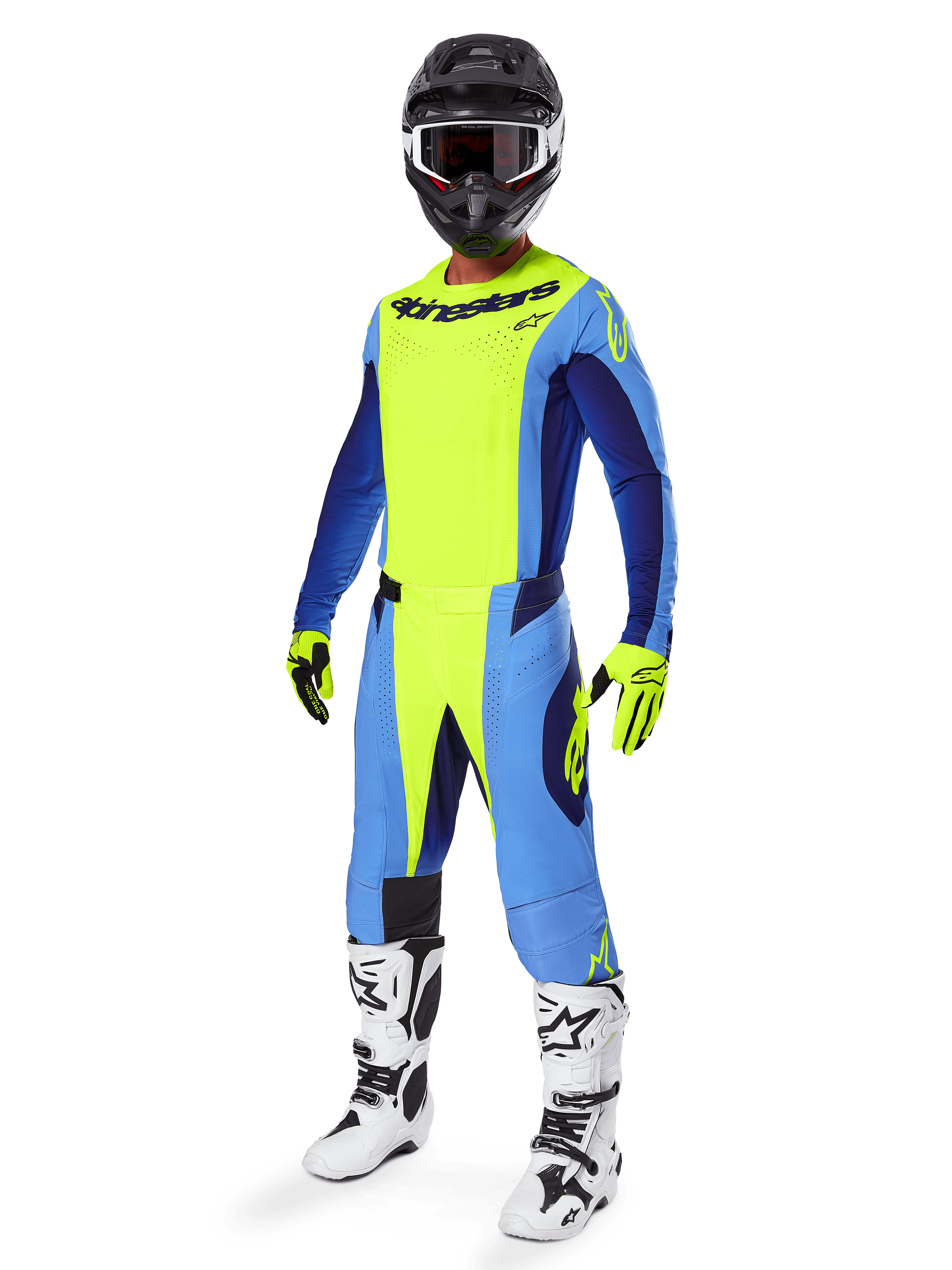 Alpinestars 2025 Techstar Melt-utrustningsset, komplett motocross-racingoutfit, neongul och blå, svart hjälm med goggles, gula och svarta handskar, vita och svarta stövlar, komplett MX-utrustningskit