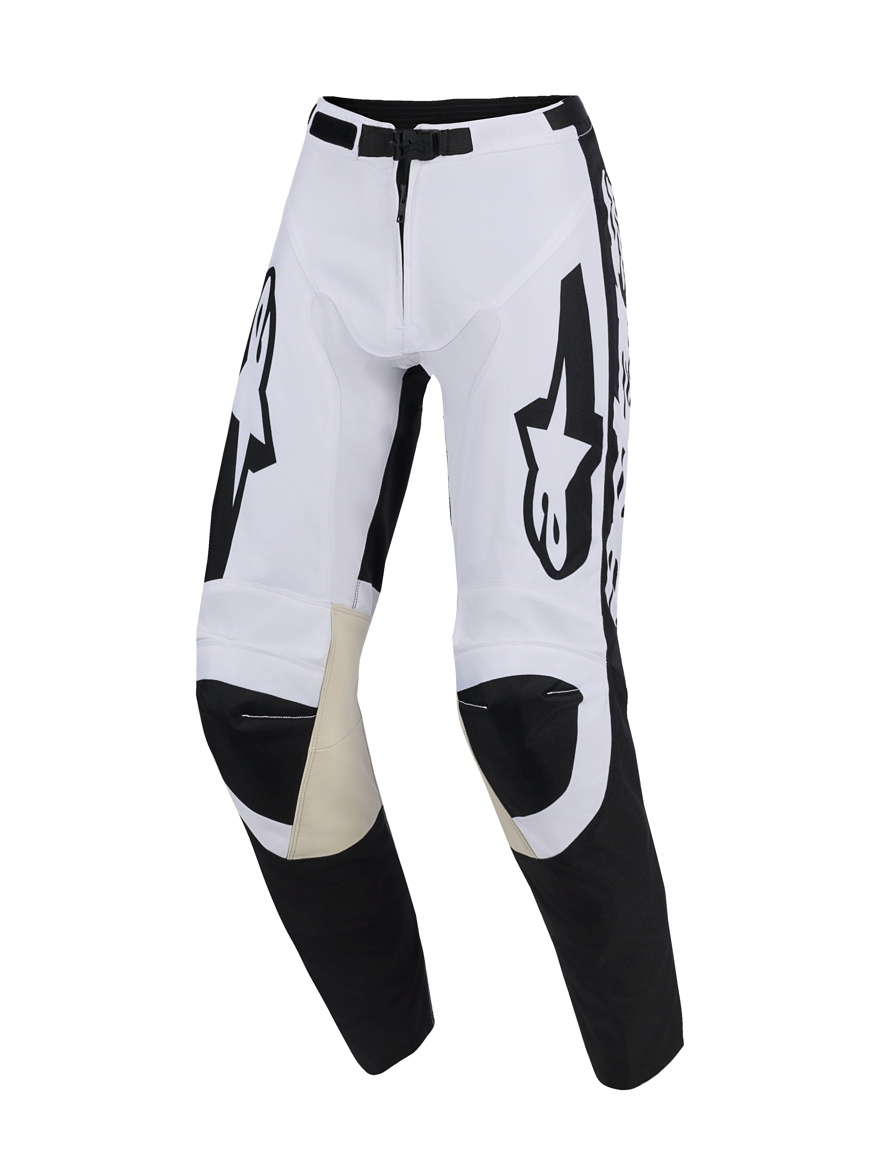Alpinestars 2026 Racer Riway byxor, motocrossbyxor, vita och svarta, med beiga innerpaneler i getläder på knäna, stora svarta Alpinestars-logotyper på låren, magnetiskt spänne och sportig förböjd design för terrängkörning