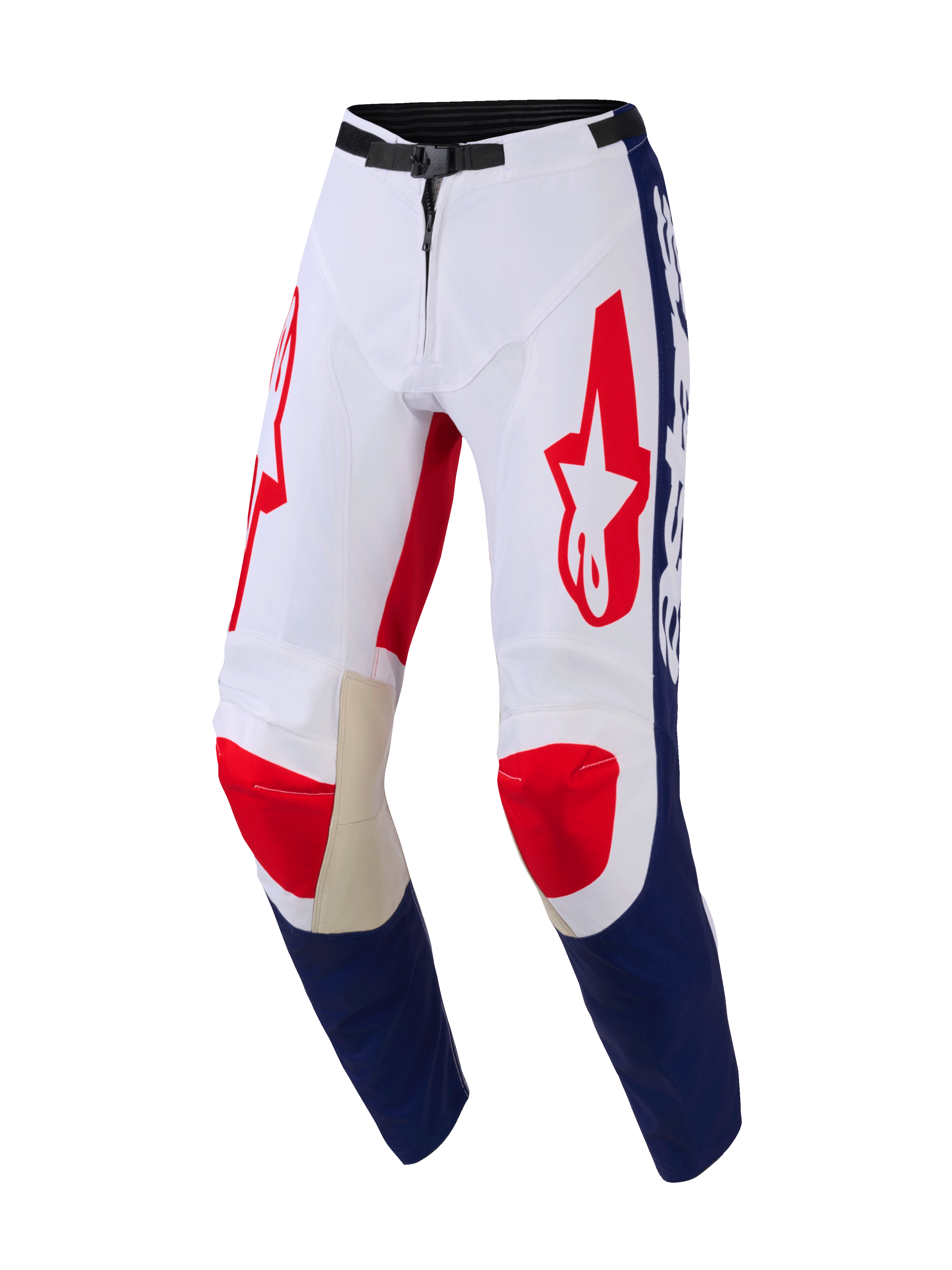 Alpinestars 2026 Racer Riway-byxor, motocrossbyxor, vit, blå och röd, med röda Astar-logotyper på låren, blå paneler på underbenen, beige läderförstärkning på insidan av knäna och ett svart magnetiskt midjespänne, slitstark design för terrängkörning