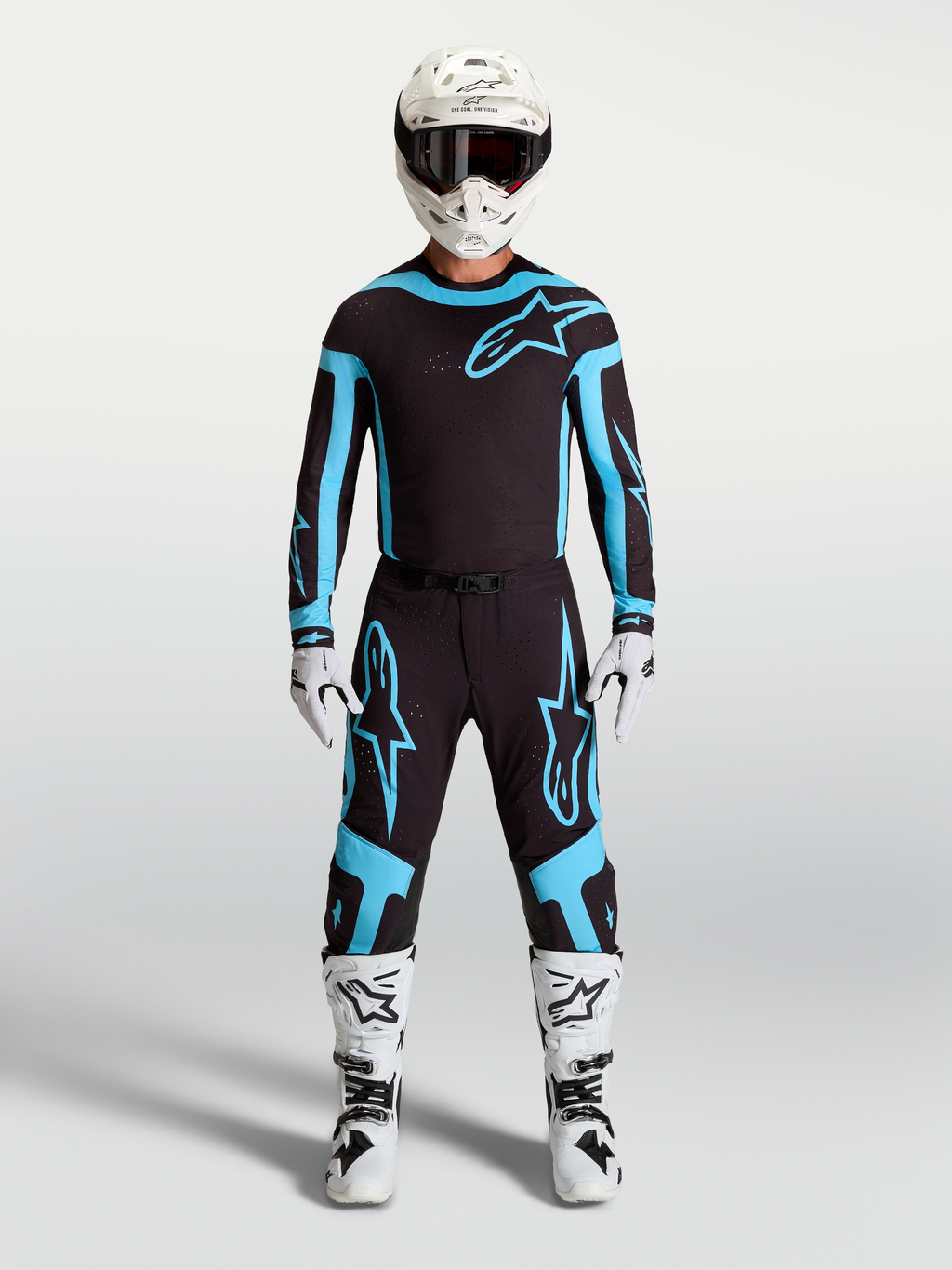 Alpinestars Supertech Vesta byxor, motocrossbyxor för herrar, svarta och turkosa, lätt stretchkonstruktion på modell