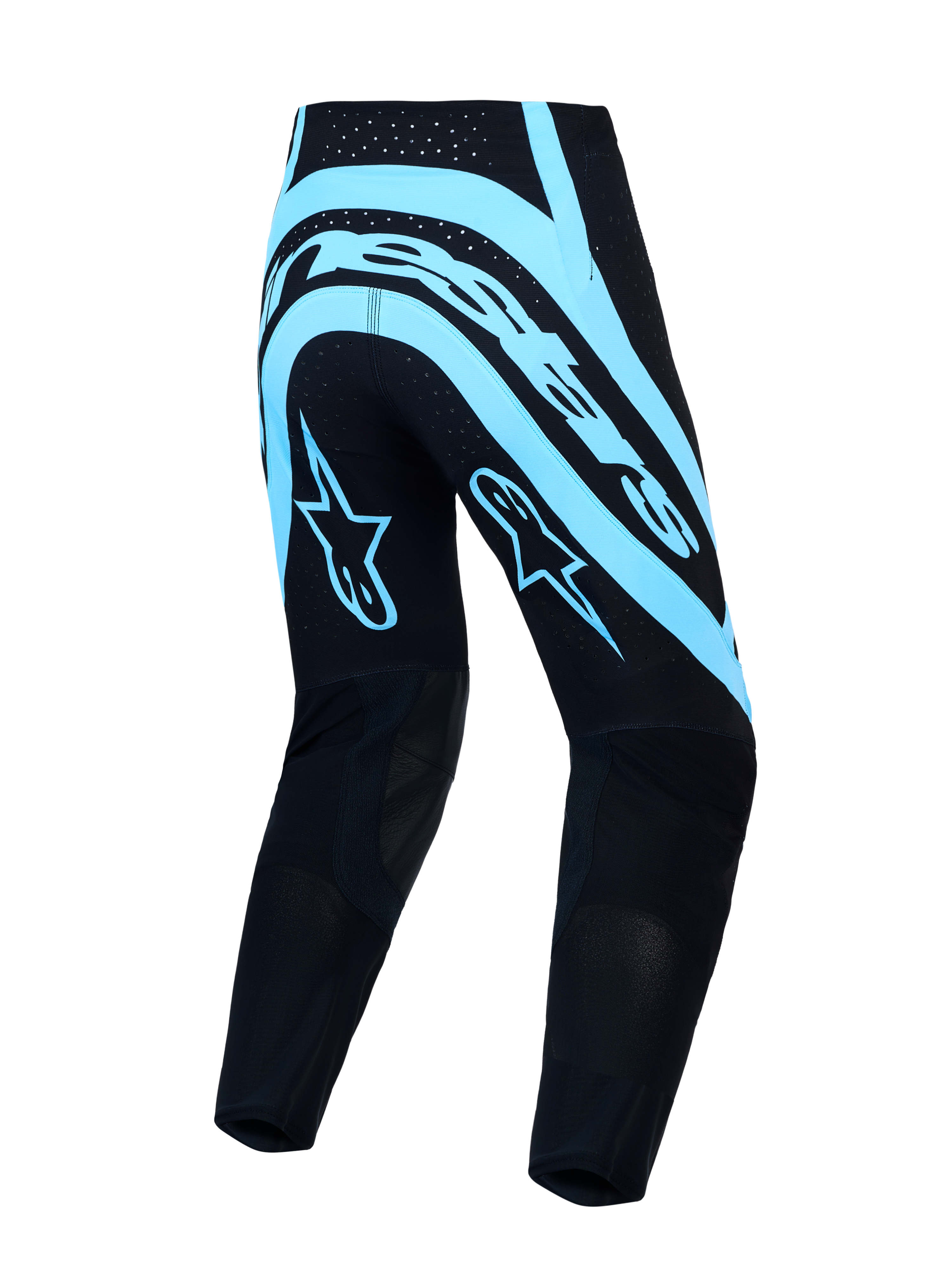 Alpinestars Supertech Vesta motocrossbyxor för herr, svarta och turkosa med stretch-ripstop och atletisk racingpassform.