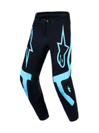 Alpinestars Supertech Vesta motocrossbyxor, svarta och turkosa, storlek 32, atletisk racingpassform i ventilerat stretchtyg.