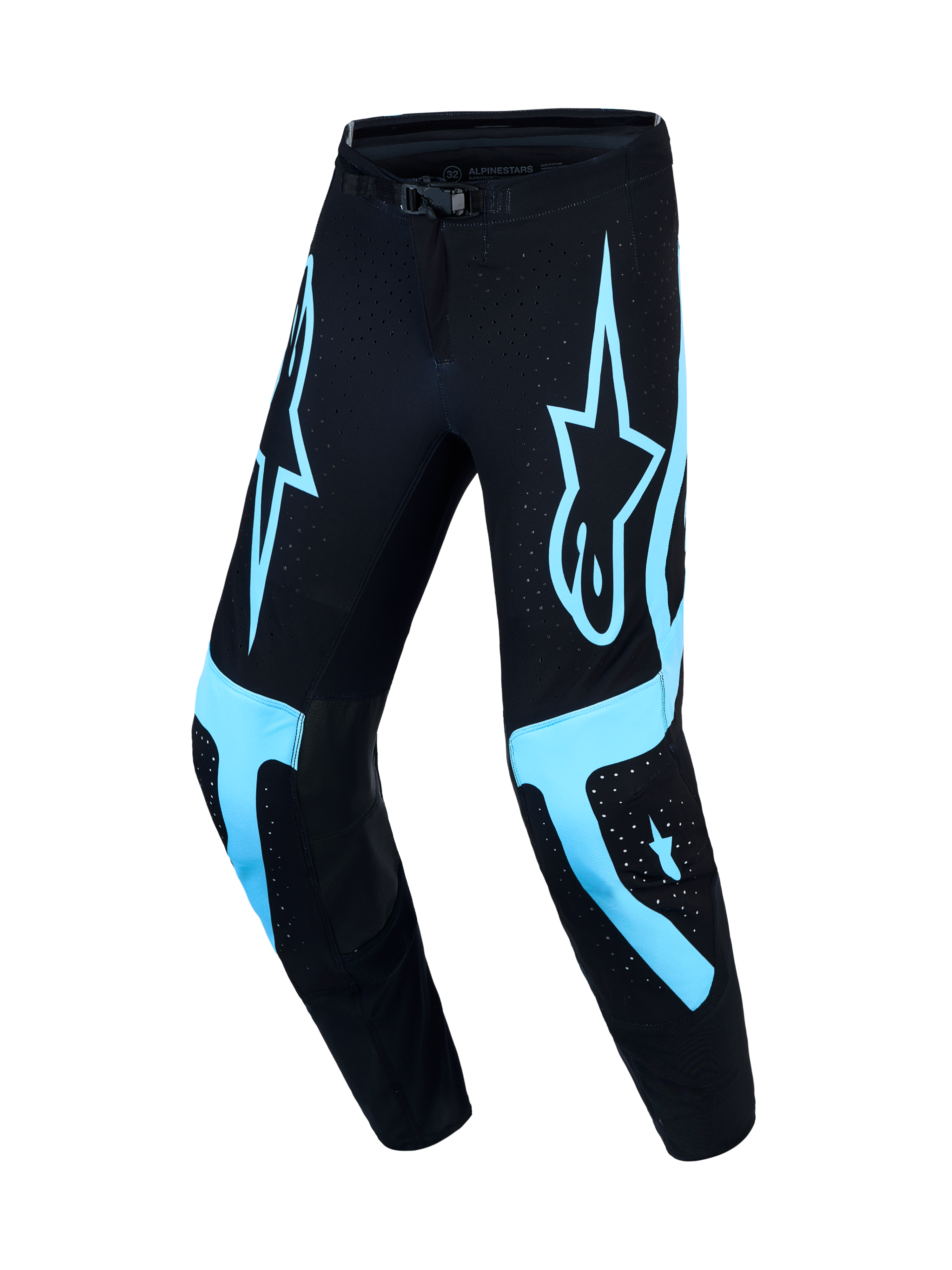 Alpinestars Supertech Vesta motocrossbyxor, svarta och turkosa, storlek 32, atletisk racingpassform i ventilerat stretchtyg.