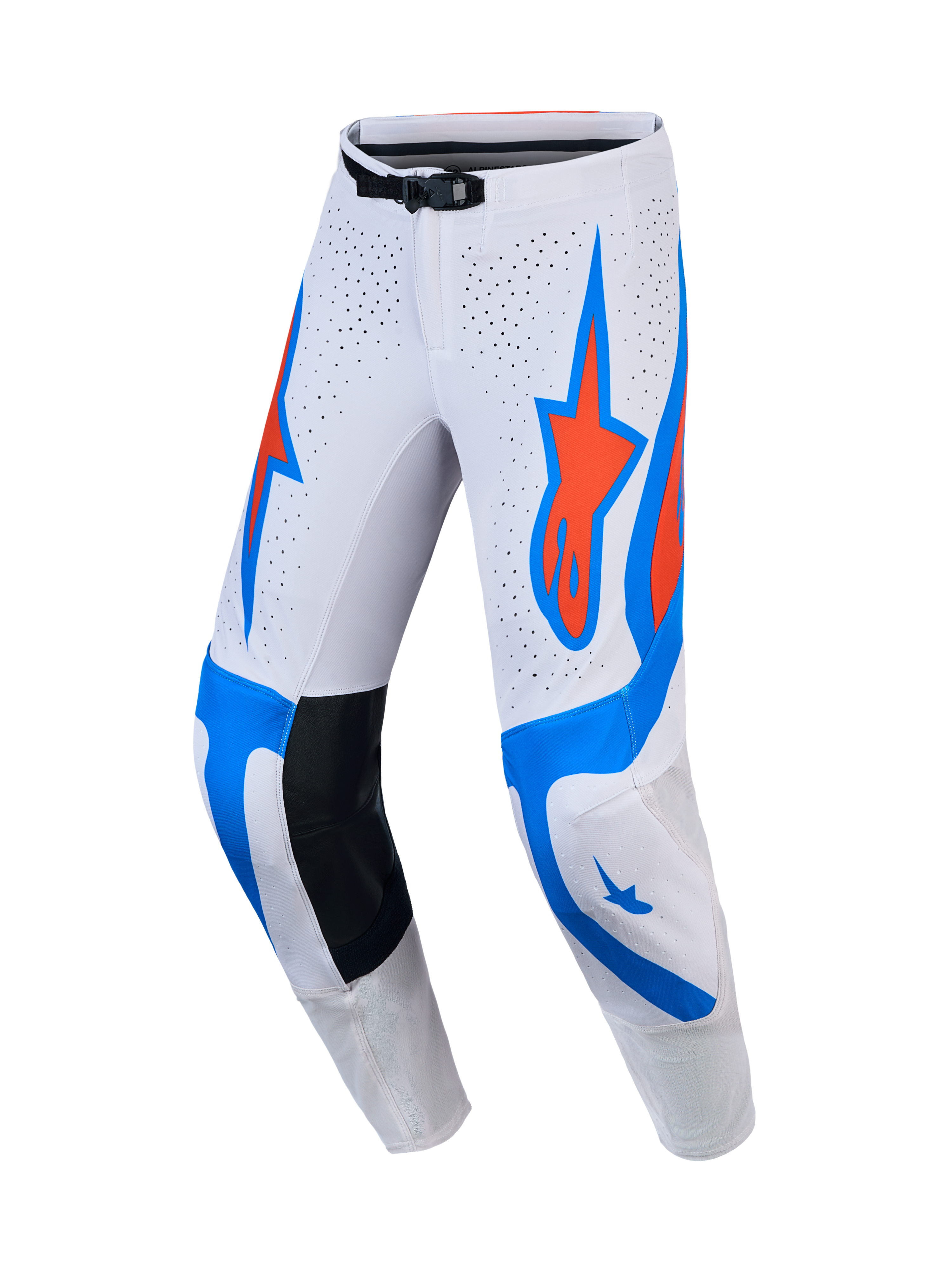 Alpinestars Supertech Vesta motocrossbyxor för herrar, vita, ljuslila och röda med perforerade paneler för terrängkörning.