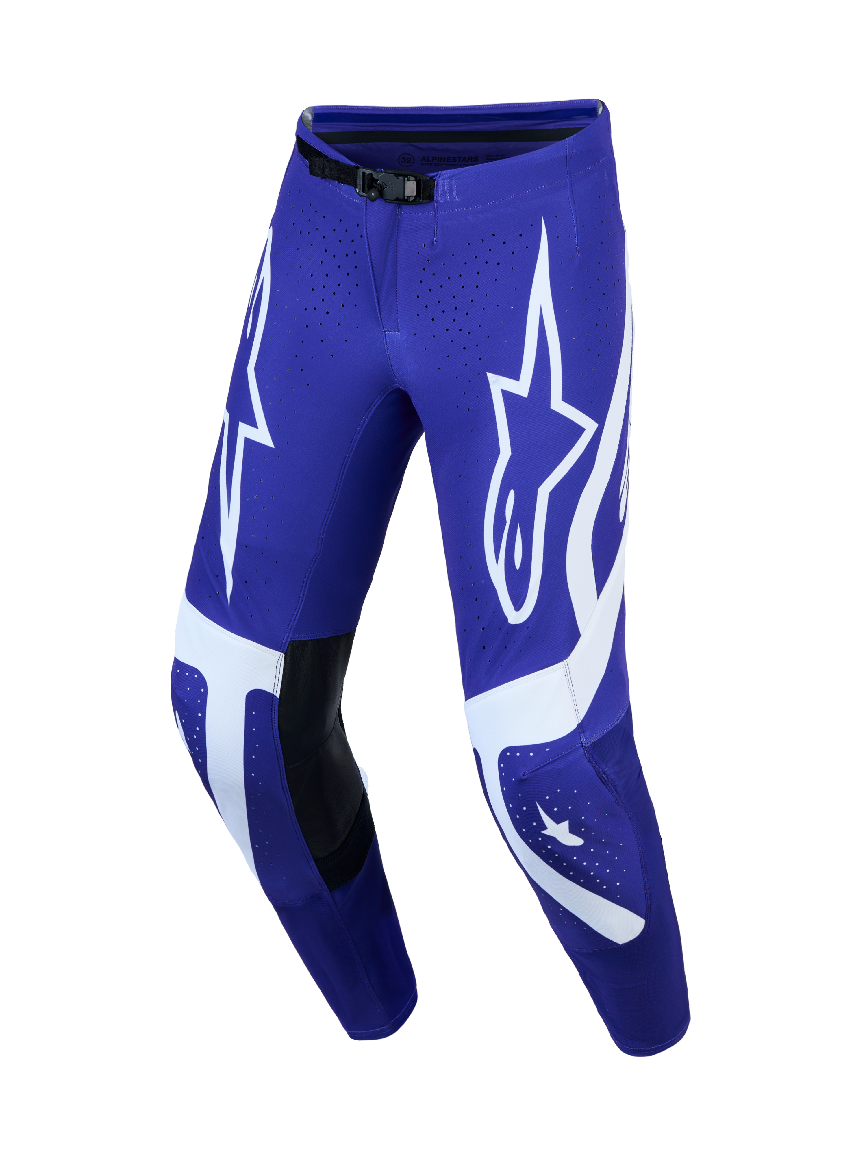 Alpinestars Supertech Vesta Pants, Men's Motocross Pants in Deep Blue and White with leather knee panels and star graphics.