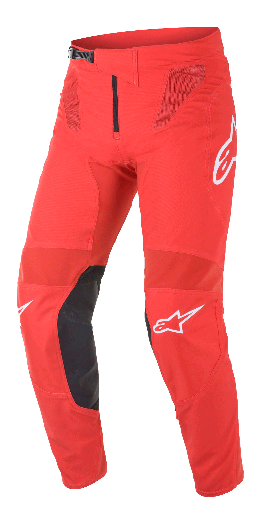 Alpinestars Supertech Blaze-byxor, motocrossbyxor, klarröda och svarta, med ventilationspaneler i mesh, innerknäförstärkningar i svart läder, vita A-star-logodetaljer och ett justerbart midjespänne för högpresterande terrängkörning
