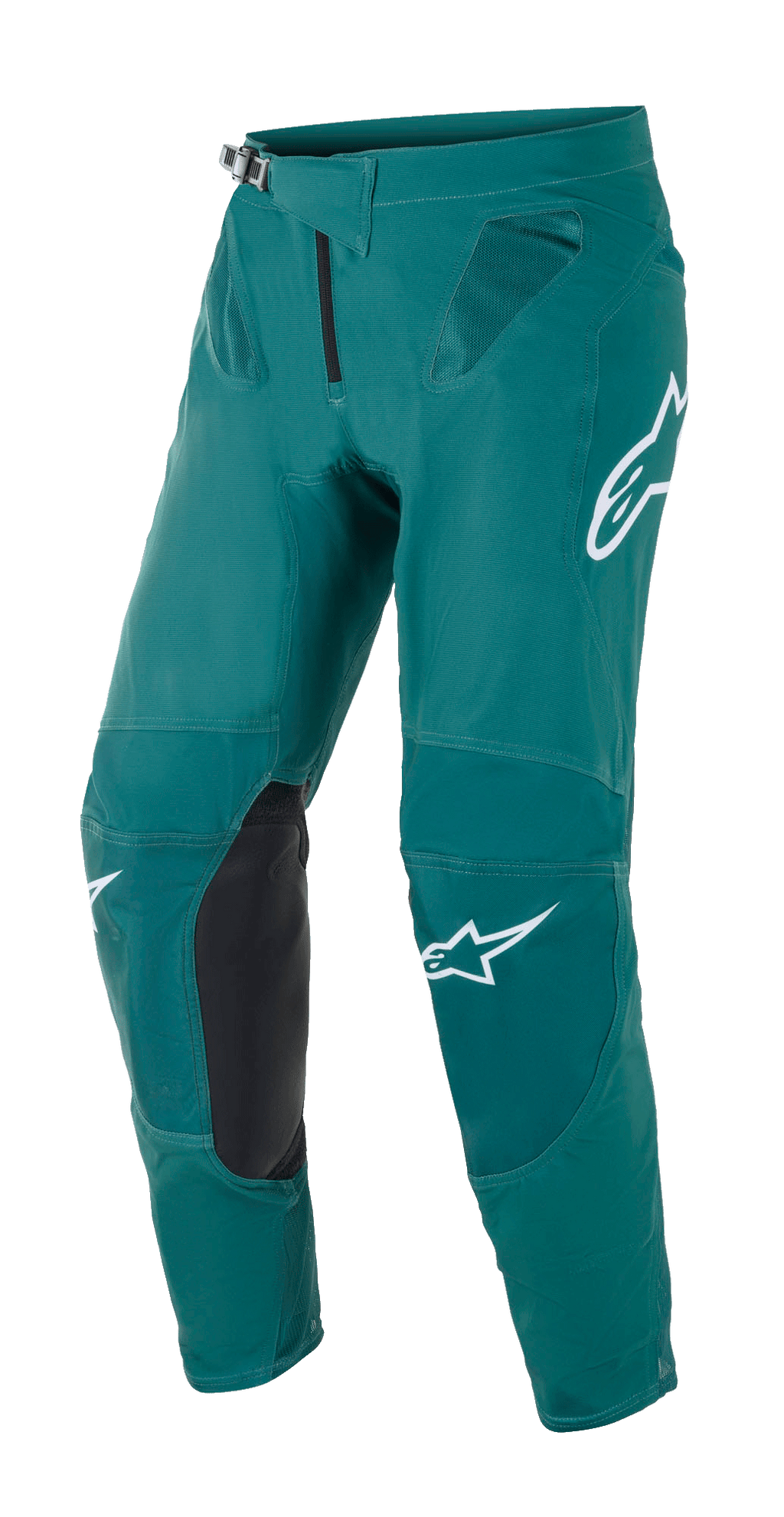 Alpinestars Supertech Blaze byxor, motocrossbyxor, mörkgröna med vita Alpinestars-logotyper, svarta knäförstärkningar i läder, spärrlås i midjan och meshventilation vid höfterna, hållbar konstruktion för terrängkörning