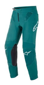 Alpinestars Supertech Blaze byxor, motocrossbyxor, mörkgröna med vita Alpinestars-logotyper, svarta knäförstärkningar i läder, spärrlås i midjan och meshventilation vid höfterna, hållbar konstruktion för terrängkörning