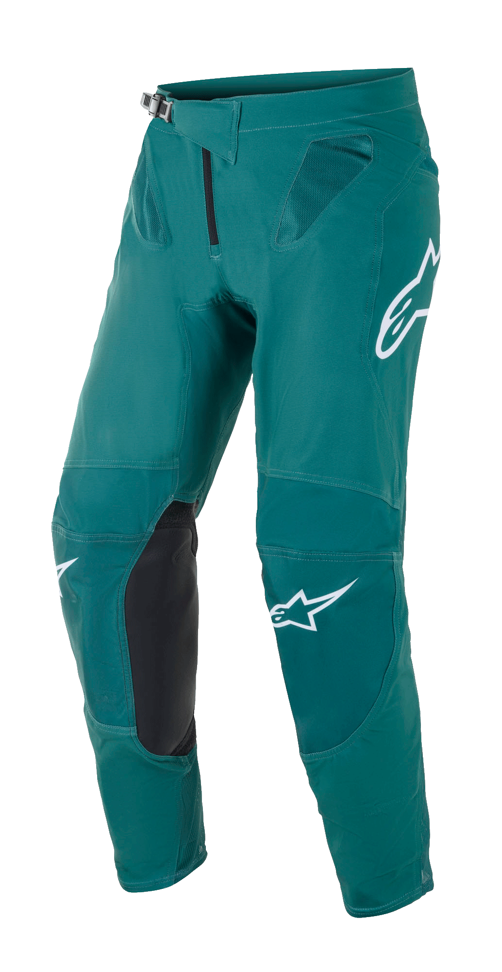 Alpinestars Supertech Blaze byxor, motocrossbyxor, mörkgröna med vita Alpinestars-logotyper, svarta knäförstärkningar i läder, spärrlås i midjan och meshventilation vid höfterna, hållbar konstruktion för terrängkörning