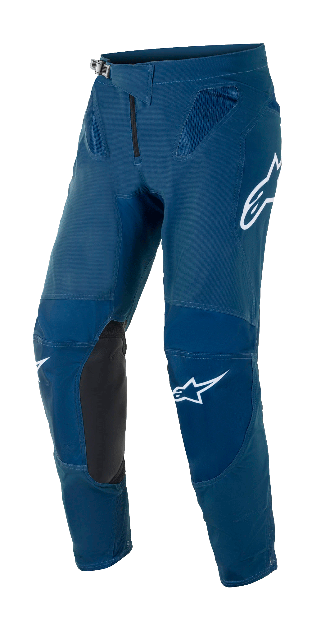 Alpinestars Supertech Blaze-byxor, motocross- och off-roadbyxor, mörkblå med svarta knäpaneler i läder, vita Alpinestars-logotyper på lår och ben, justerbart midjespänne och ventilationszoner i mesh vid höfterna.