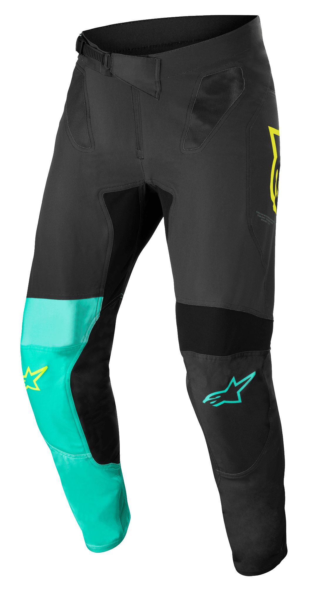 Alpinestars Supertech Blaze-byxor, motocrossbyxor, svarta, pastellgröna och neongula, med asymmetriska benpaneler med gula och turkosa stjärnlogotyper, ventilationsinsatser i mesh och justerbart midjebälte för terrängkörning