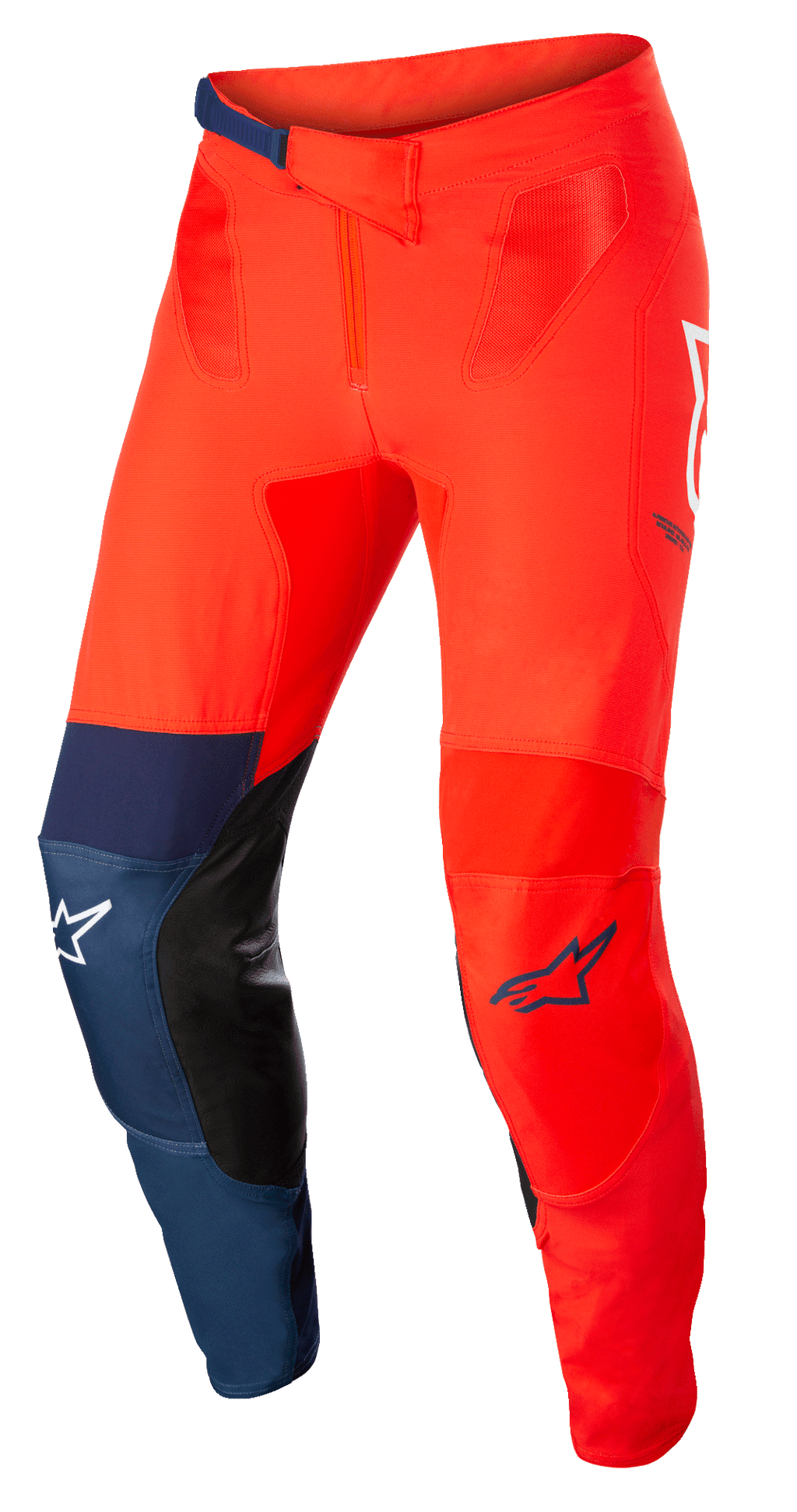 Alpinestars Supertech Blaze Pants, motocrossbyxor för terrängkörning, klarröda och mörkblå med vita detaljer, svarta läderpaneler på knänas insida, justerbart spärrspänne i midjan, vita och blå Alpinestars-logotyper, hållbar stretchkonstruktion för motocross