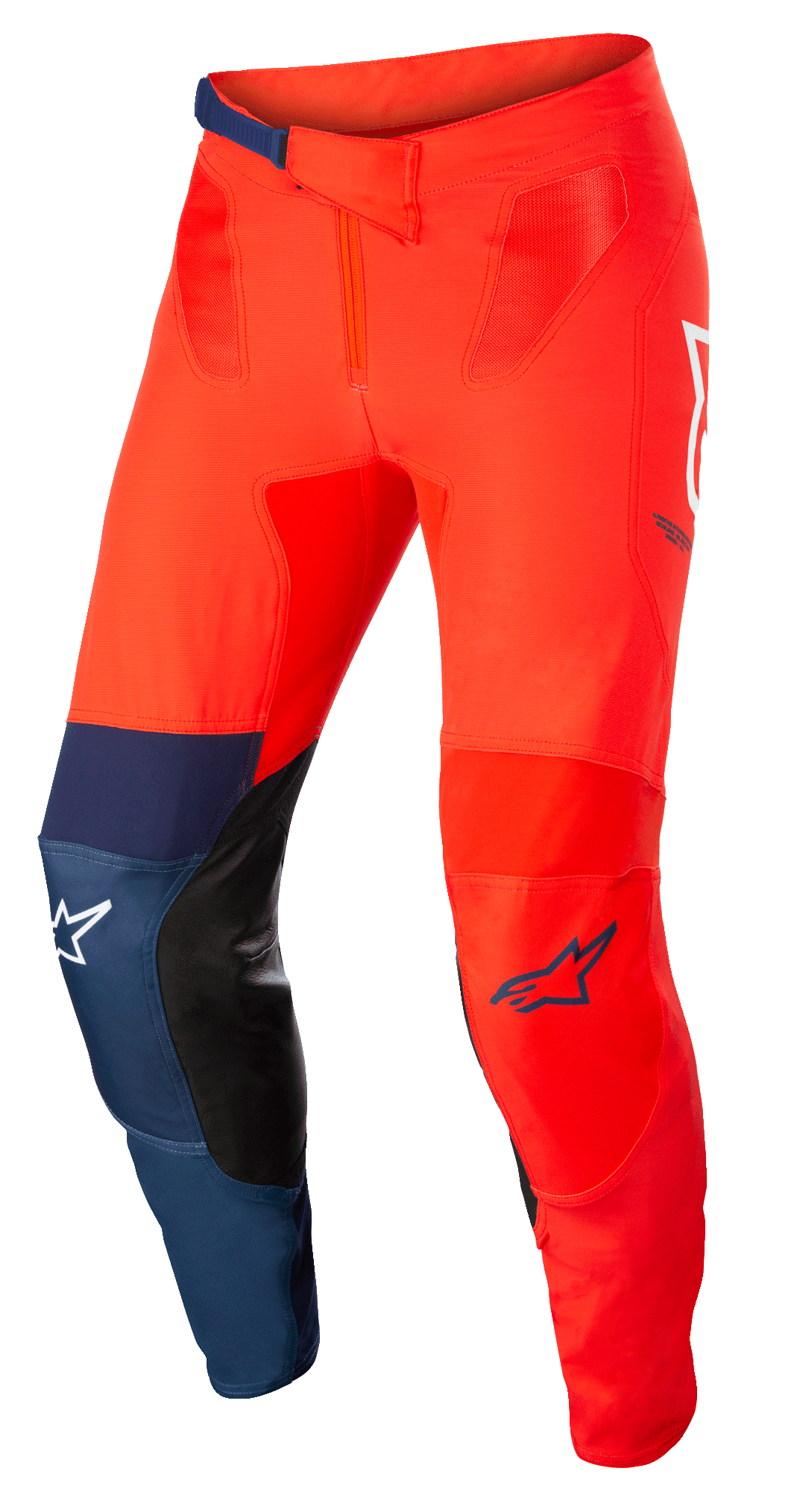 Alpinestars Supertech Blaze Pants, motocrossbyxor för terrängkörning, klarröda och mörkblå med vita detaljer, svarta läderpaneler på knänas insida, justerbart spärrspänne i midjan, vita och blå Alpinestars-logotyper, hållbar stretchkonstruktion för motocross
