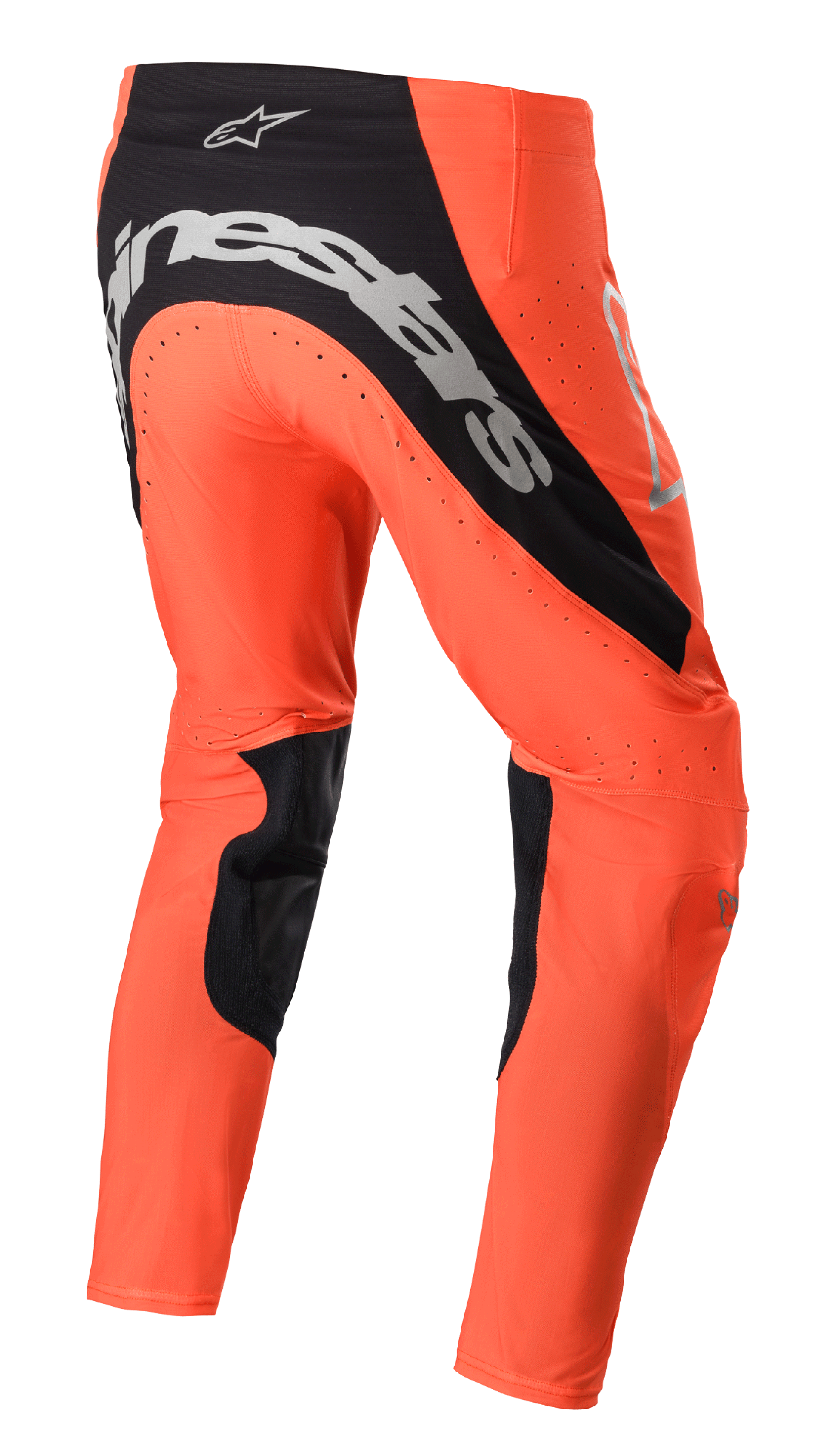 Alpinestars 2023 Supertech Risen Pants, Motocross Pants, Hot Orange and Black, rear view featuring bold silver branding on the seat, black inner leg panels, and perforated ventilation zones for off-road racing.