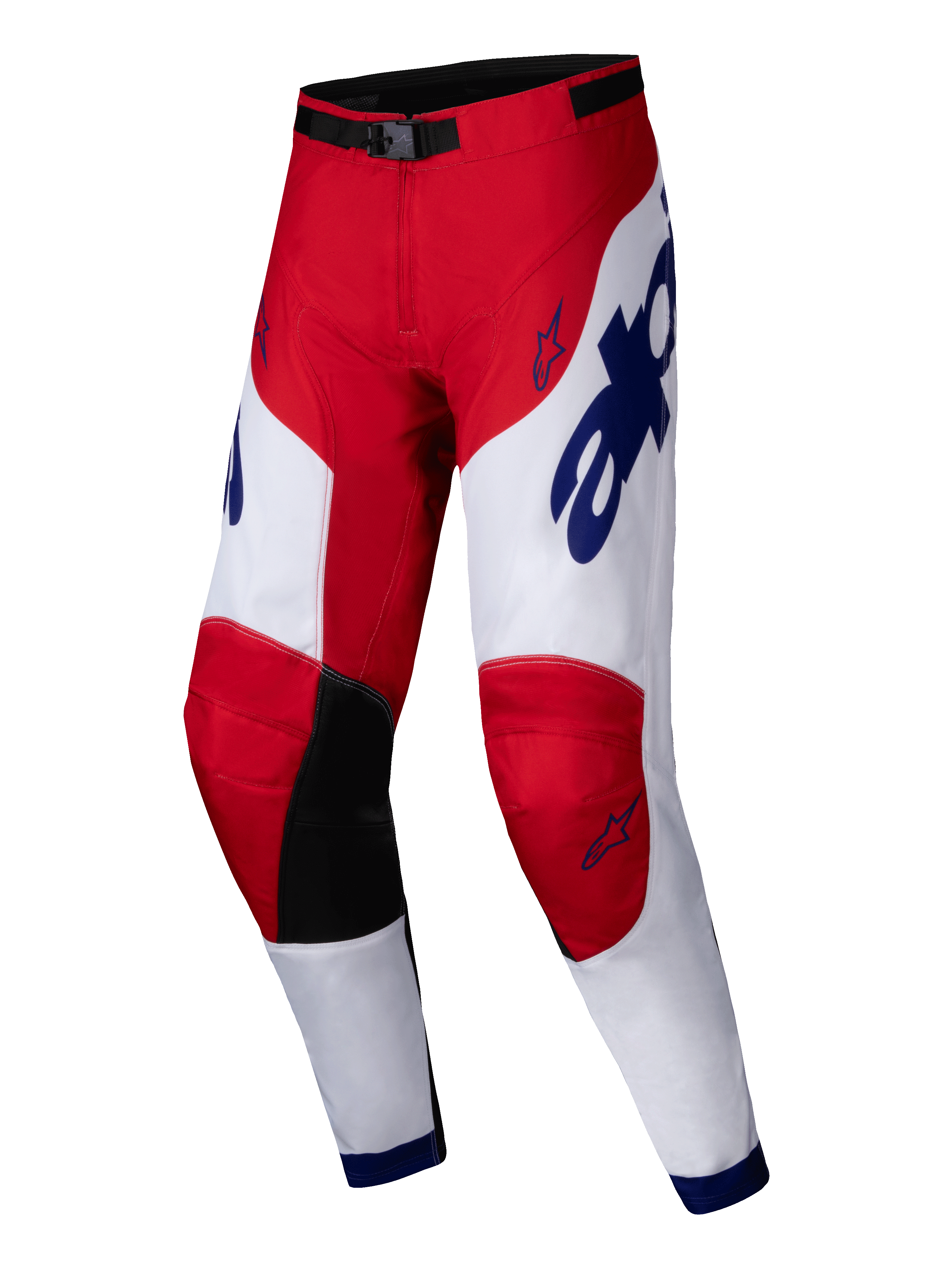 Alpinestars 2025 Racer Veil-byxor, motocrossbyxor, klarröda och vita med blå detaljer, svarta paneler på knänas insida, ergonomisk förböjd design, tydlig branding och stjärnlogotyper, tålig utrustning för terrängkörning
