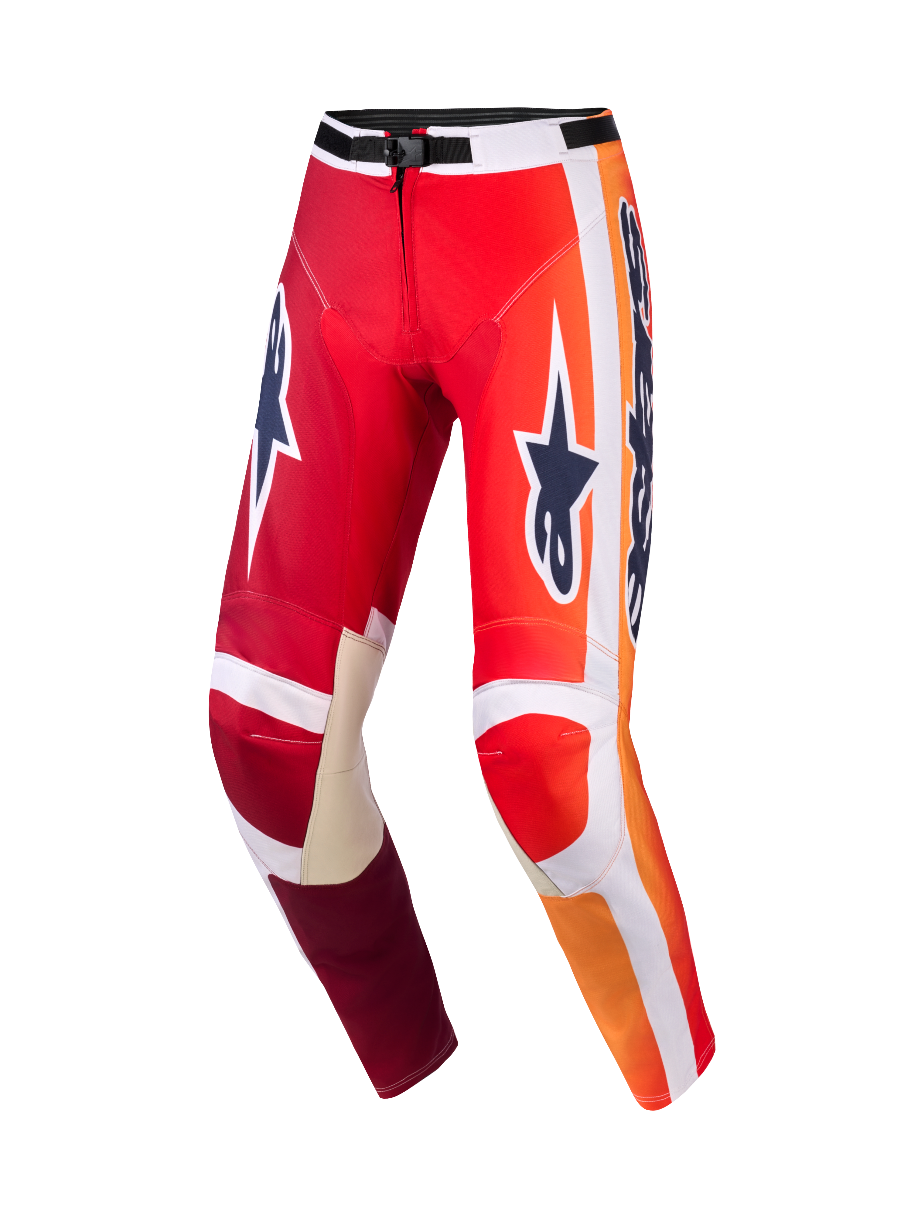 Alpinestars 2026 Racer Portl Pants, Motocross Pants, Red and Light Gray with Dark Gray logos, vibrant orange gradients and white stripes, large Astar branding on thighs, light gray leather inner knee reinforcements, black waist buckle, durable gear for off-road racing.