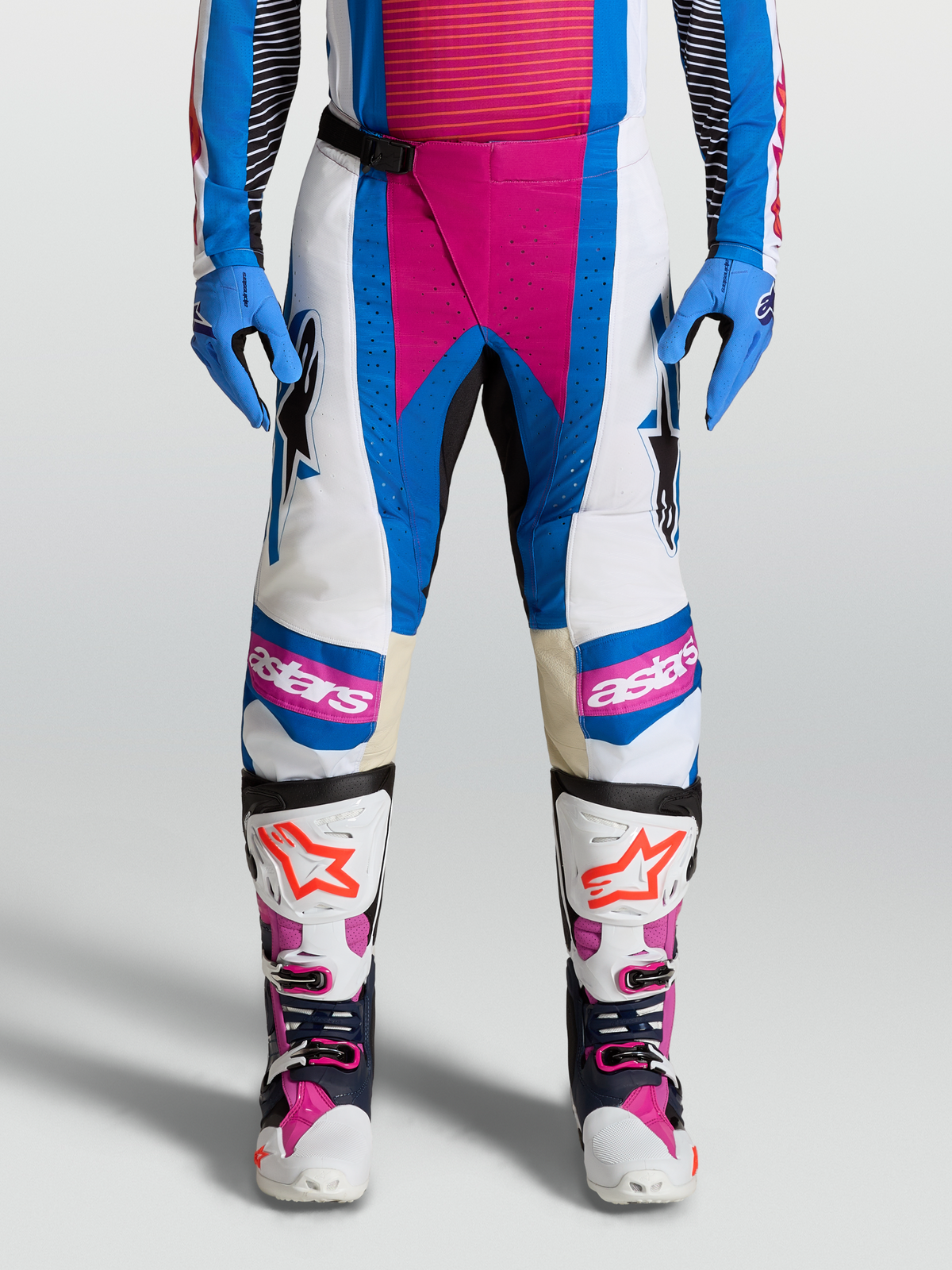 Alpinestars Techstar Maven Pants, white and blithe blue motocross pants with hot coral accents and leather knee panels.
