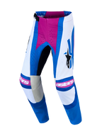 Alpinestars Techstar Maven byxor, motocrossbyxor för herrar, vita och blåa med Hot Coral-detaljer och laserperforeringar.