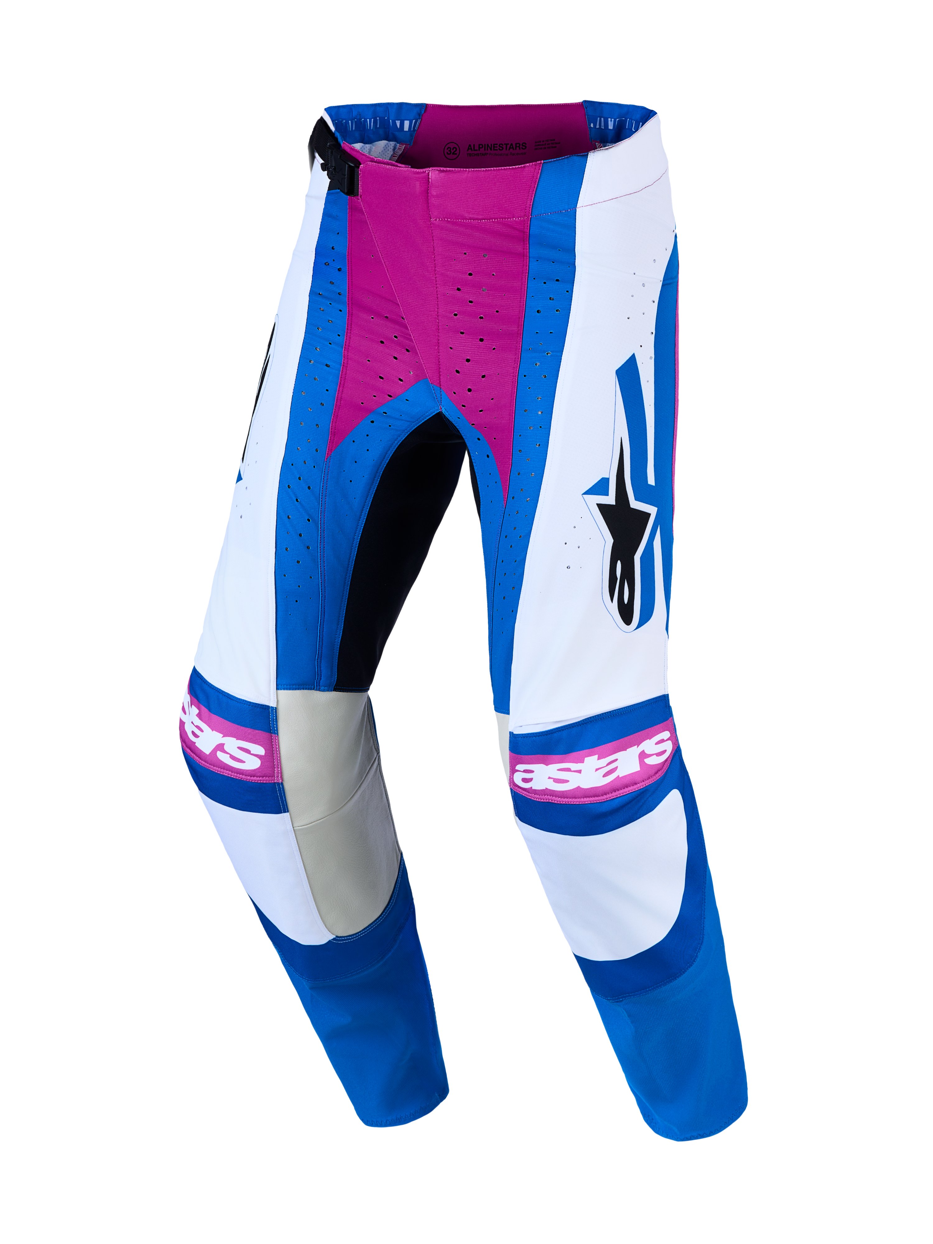 Alpinestars Techstar Maven byxor, motocrossbyxor för herrar, vita och blåa med Hot Coral-detaljer och laserperforeringar.
