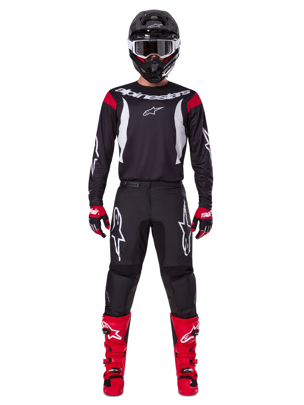 Alpinestars 2025 Fluid Haul utrustningsset, motocrossförare i komplett racingutrustning, svart tröja med röda axeldetaljer och vita logotyper, svarta byxor med vit stjärnlogotyp, klarröda stövlar, röda och svarta handskar, svart hjälm med vita goggles, koordinerad outfit för terrängkörning