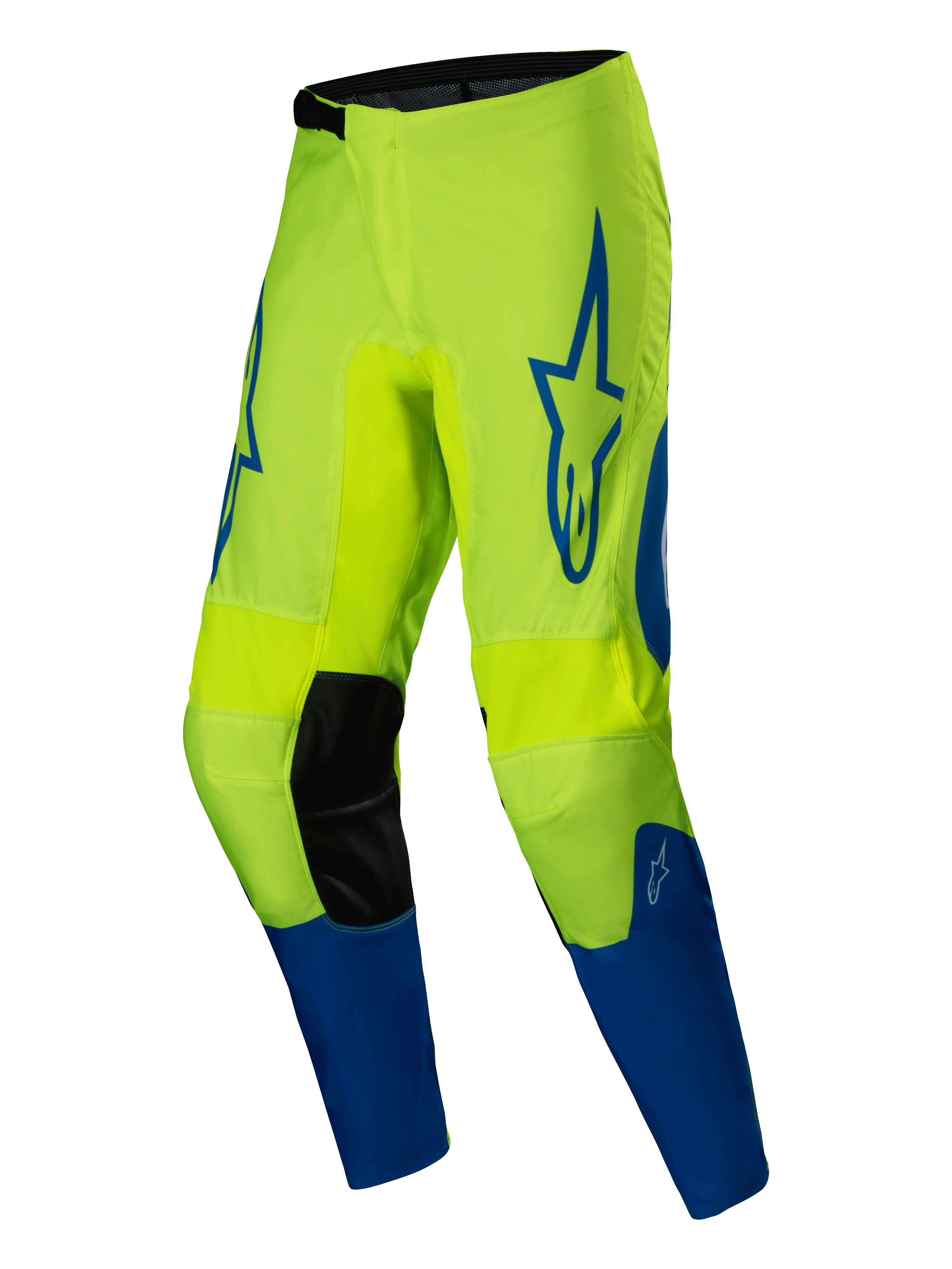 Alpinestars 2025 Fluid Haul byxor, motocrossbyxor för herrar, gula och blå, 600D polytyg med förböjda ben och knäpaneler i syntetläder