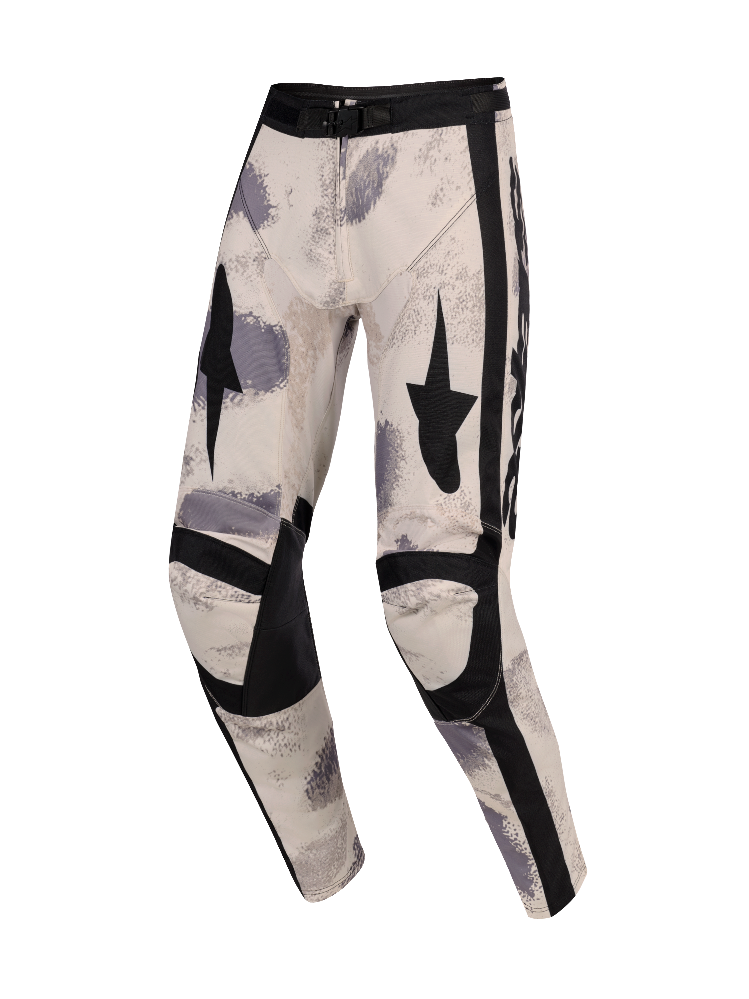 Alpinestars 2026 Racer Lahnd-byxor, motocrossbyxor, Sand Camo, med off-white bas och grå och svarta penseldragsmönster, svarta stjärngrafiker på låren, förstärkta svarta knäpaneler och justerbart midjespänne, ergonomisk design för terrängkörning