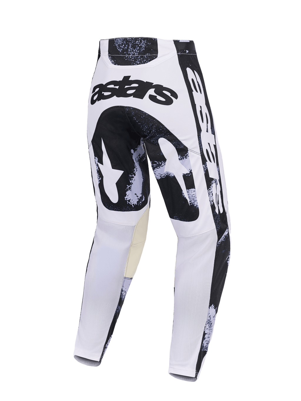 Alpinestars 2026 Racer Lahnd-byxor, motocrossbyxor, Iron Camo, baksida med vit och svart kamouflagedesign, "astars"-logotyp på sätet, beigea innerpaneler på knäna, slitstark konstruktion i polytyg för terrängkörning
