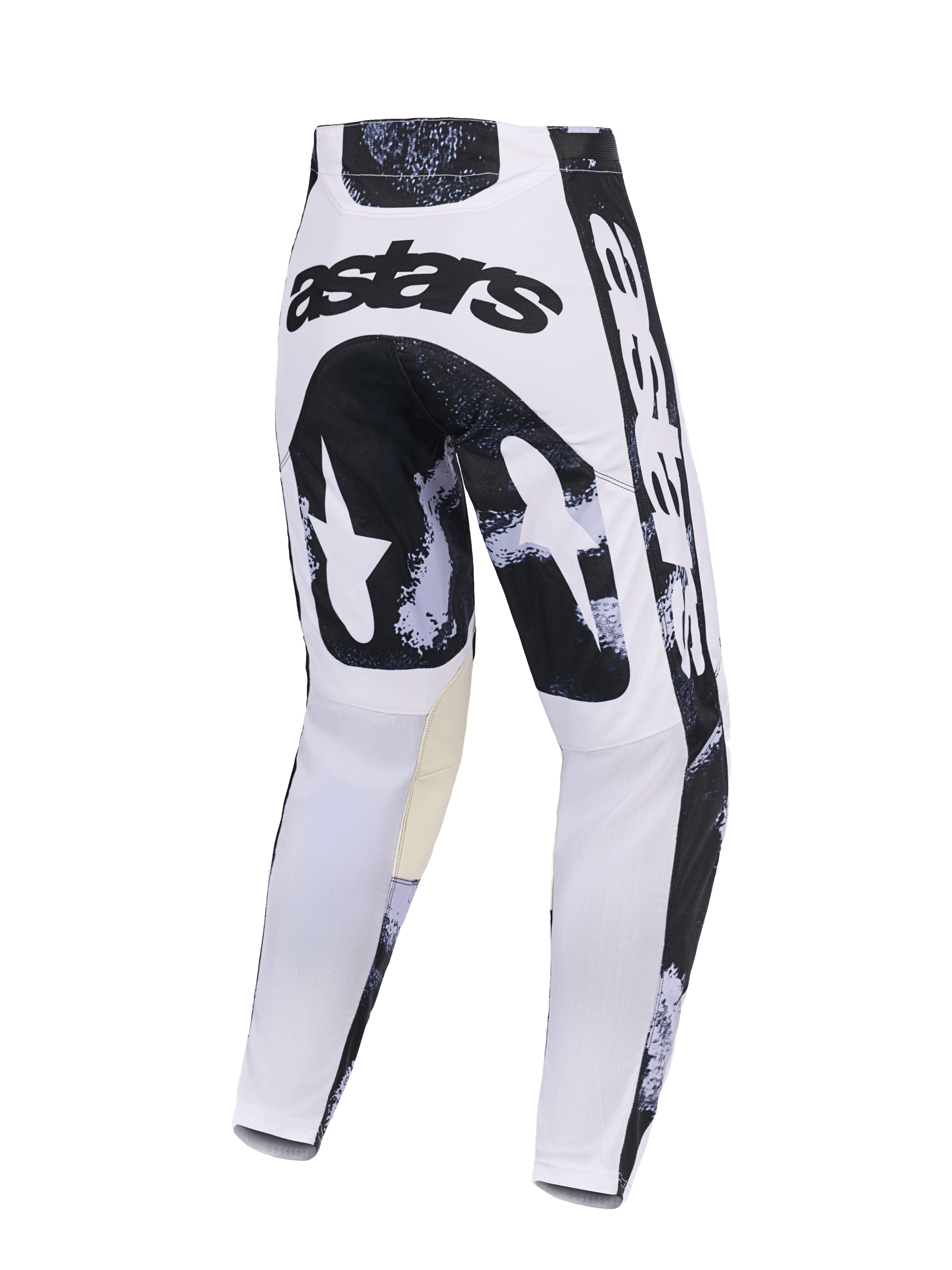 Alpinestars 2026 Racer Lahnd-byxor, motocrossbyxor, Iron Camo, baksida med vit och svart kamouflagedesign, "astars"-logotyp på sätet, beigea innerpaneler på knäna, slitstark konstruktion i polytyg för terrängkörning