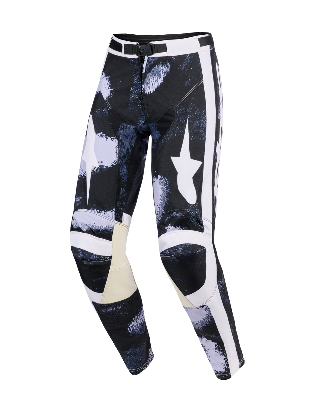 Alpinestars 2026 Racer Lahnd-byxor, motocrossbyxor, Iron Camo grå och svart, med stora vita stjärnlogotyper på låren, vita sidoränder, beige läderpaneler på insidan av knäna och en förböjd prestandapassform.