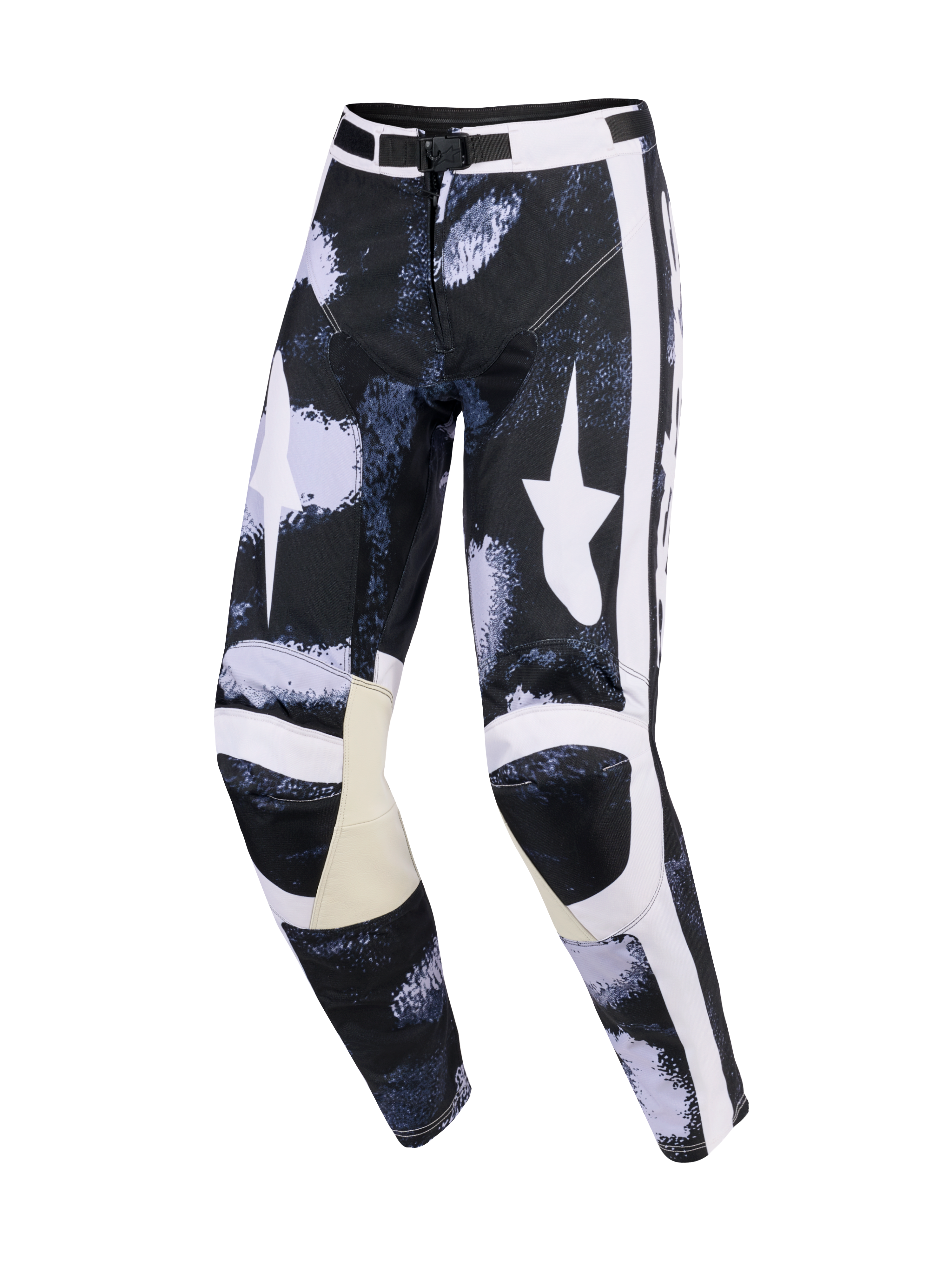 Alpinestars 2026 Racer Lahnd-byxor, motocrossbyxor, Iron Camo grå och svart, med stora vita stjärnlogotyper på låren, vita sidoränder, beige läderpaneler på insidan av knäna och en förböjd prestandapassform.
